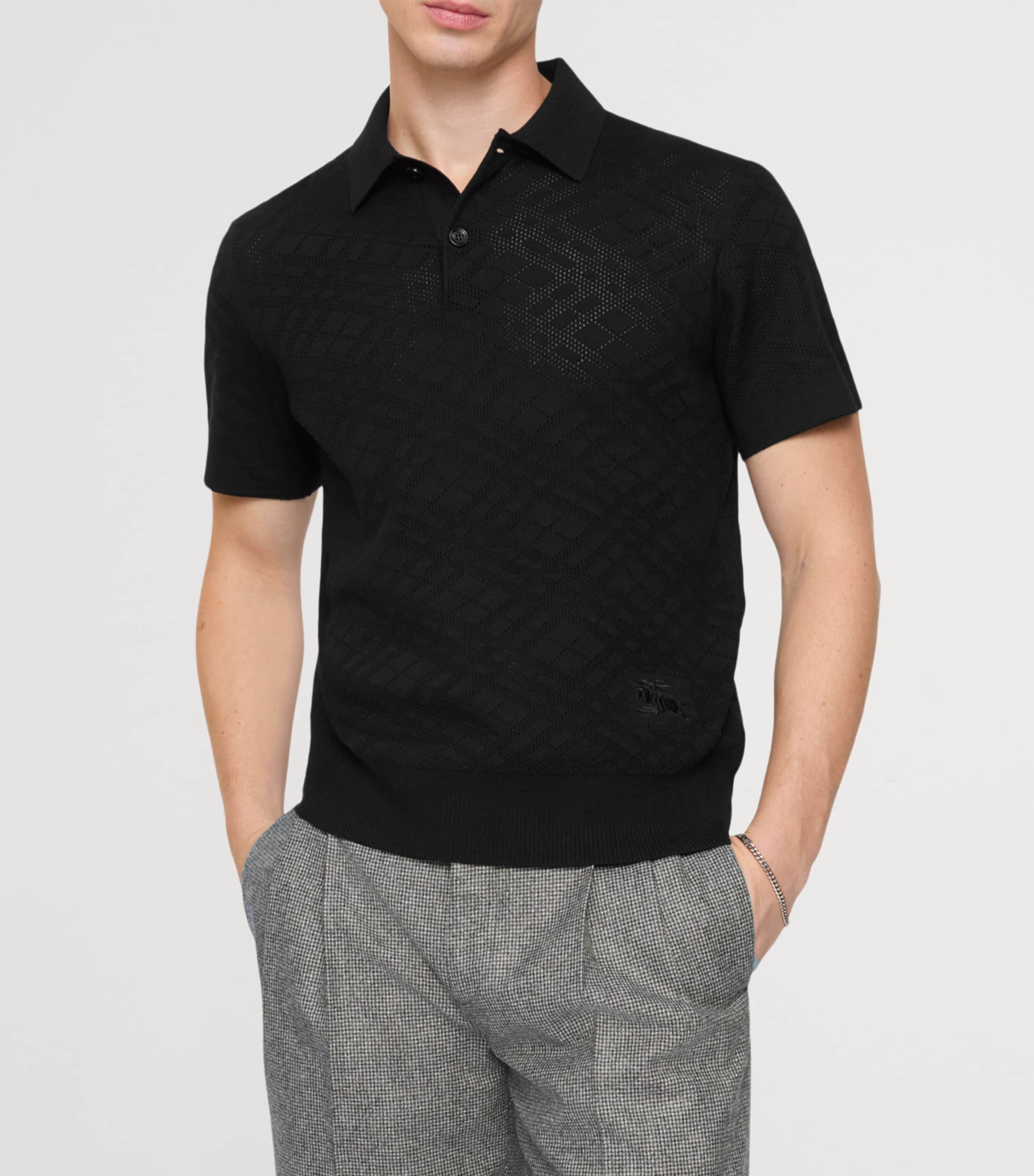 Wool Check Pointelle Polo Shirt BLACK Image 2