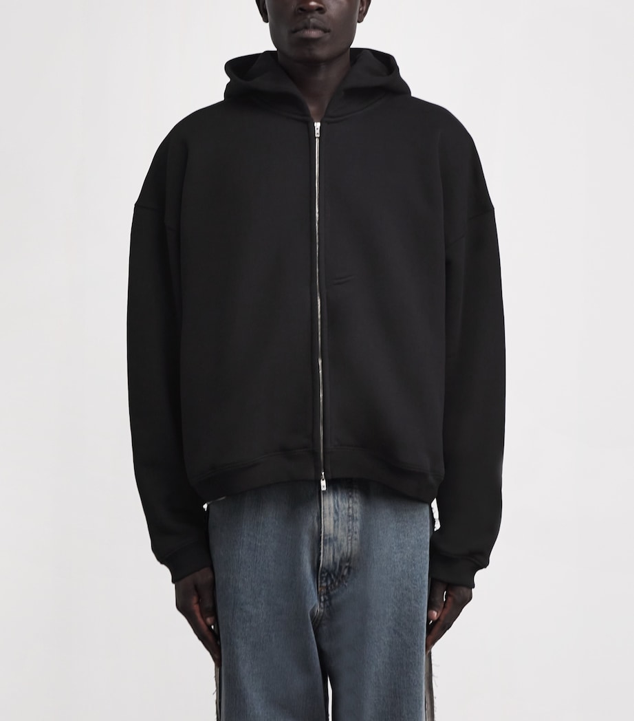 Cotton Initial Boxy Zip Hoodie BLACK Image 3