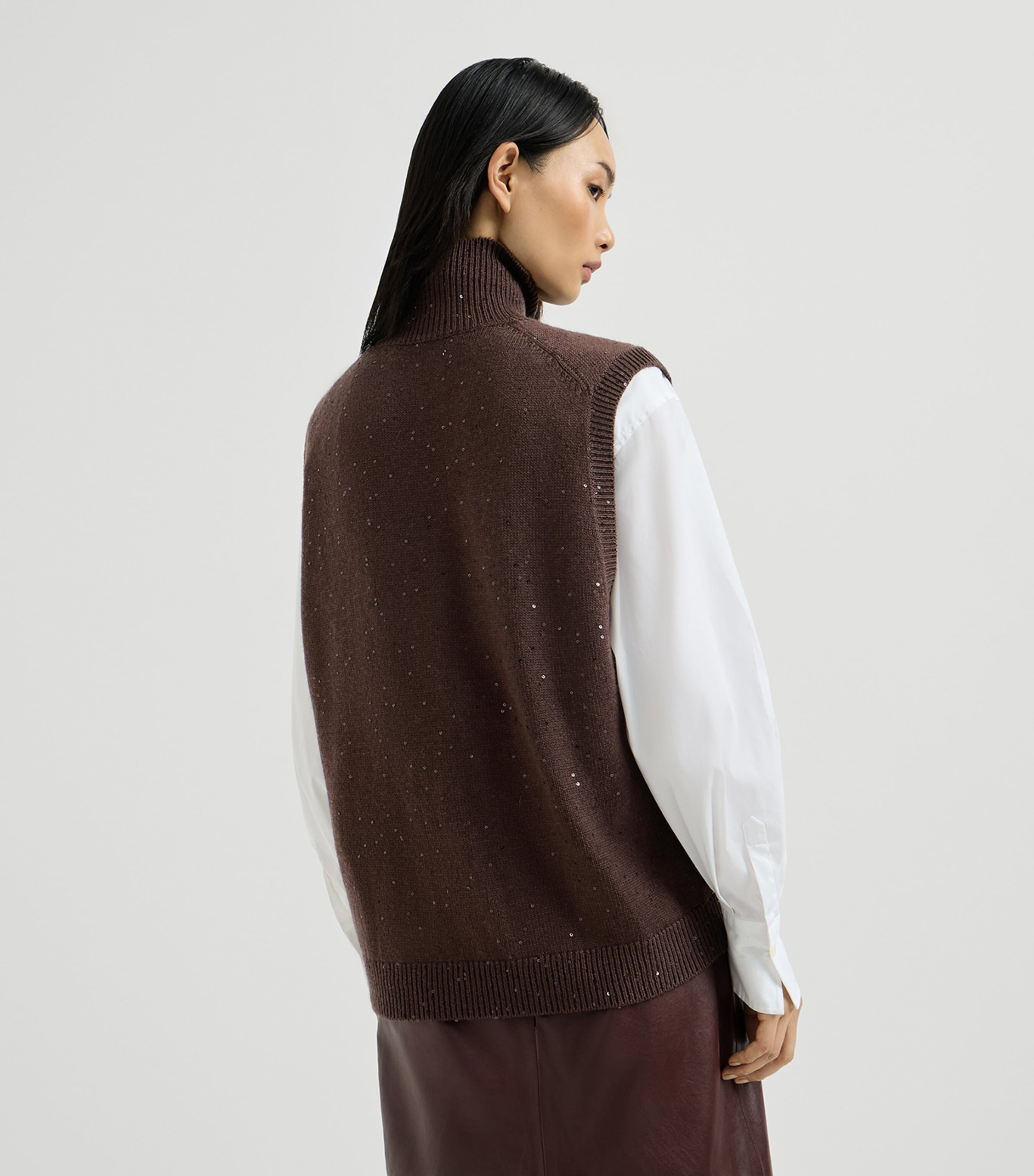 Brunello Cucinelli Womens Cashmere-Silk Embellished Sweater Vest Dark Brown Image 3