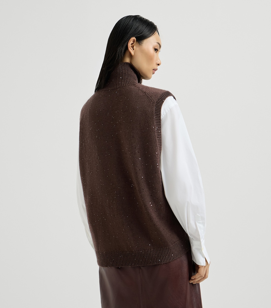 Brunello Cucinelli Womens Cashmere-Silk Embellished Sweater Vest Dark Brown Image 3