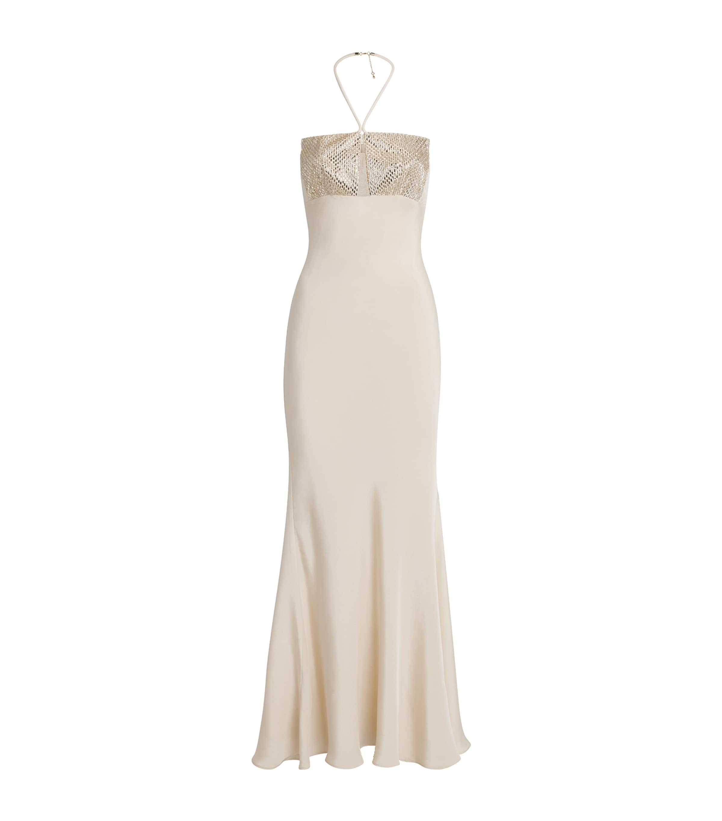 Roland Mouret Silk Embellished Halterneck Maxi Dress In White