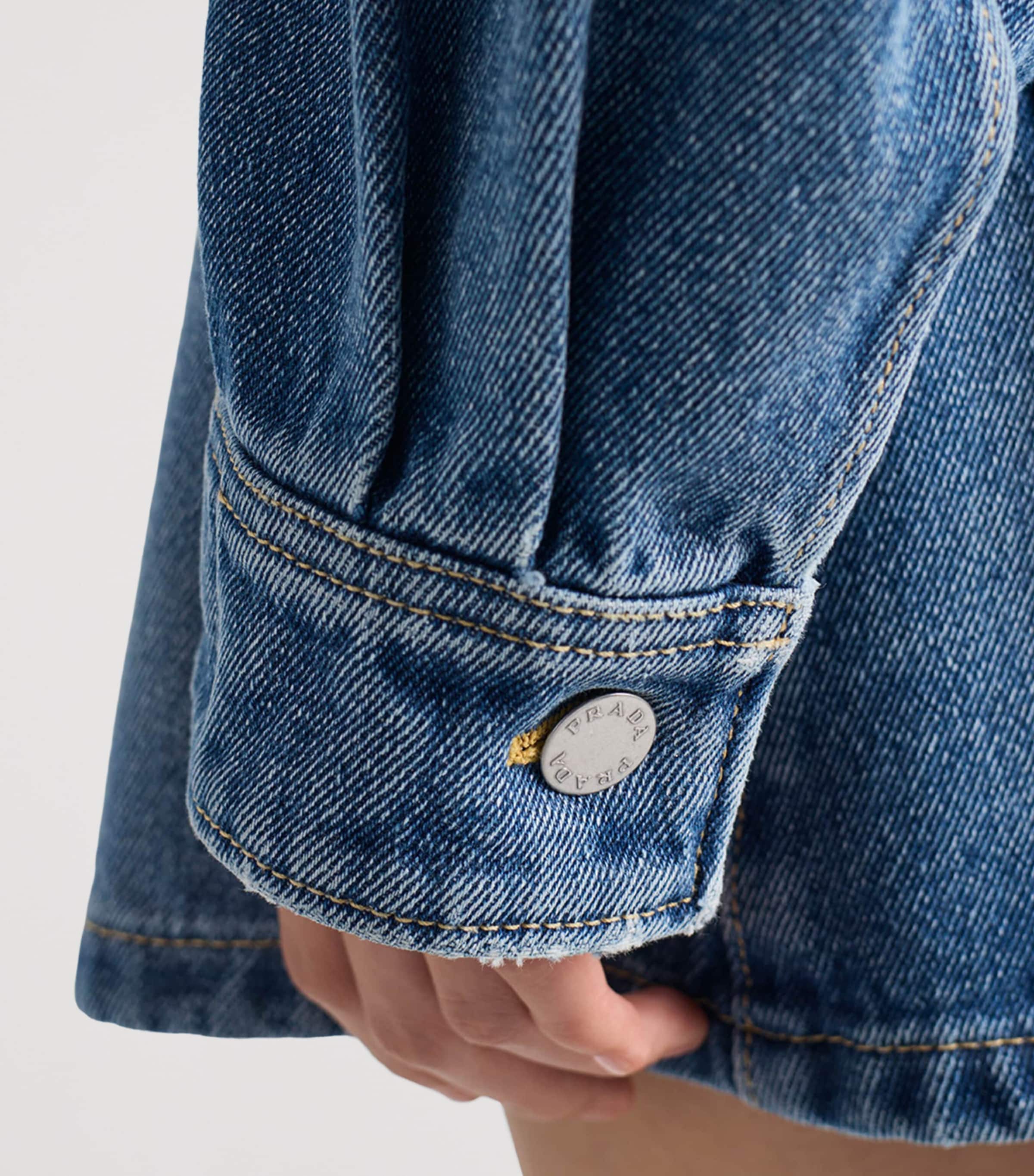 Leather-Collar Cropped Denim Jacket F0V3N Image 6