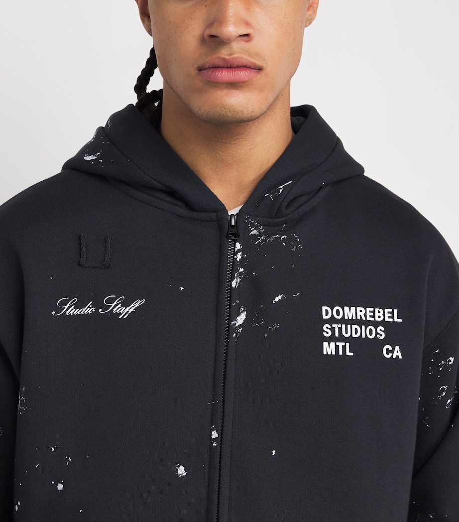 DOMREBEL Mens Cotton Paint-Splatter Staff Zip-Up Hoodie Old Black Image 6