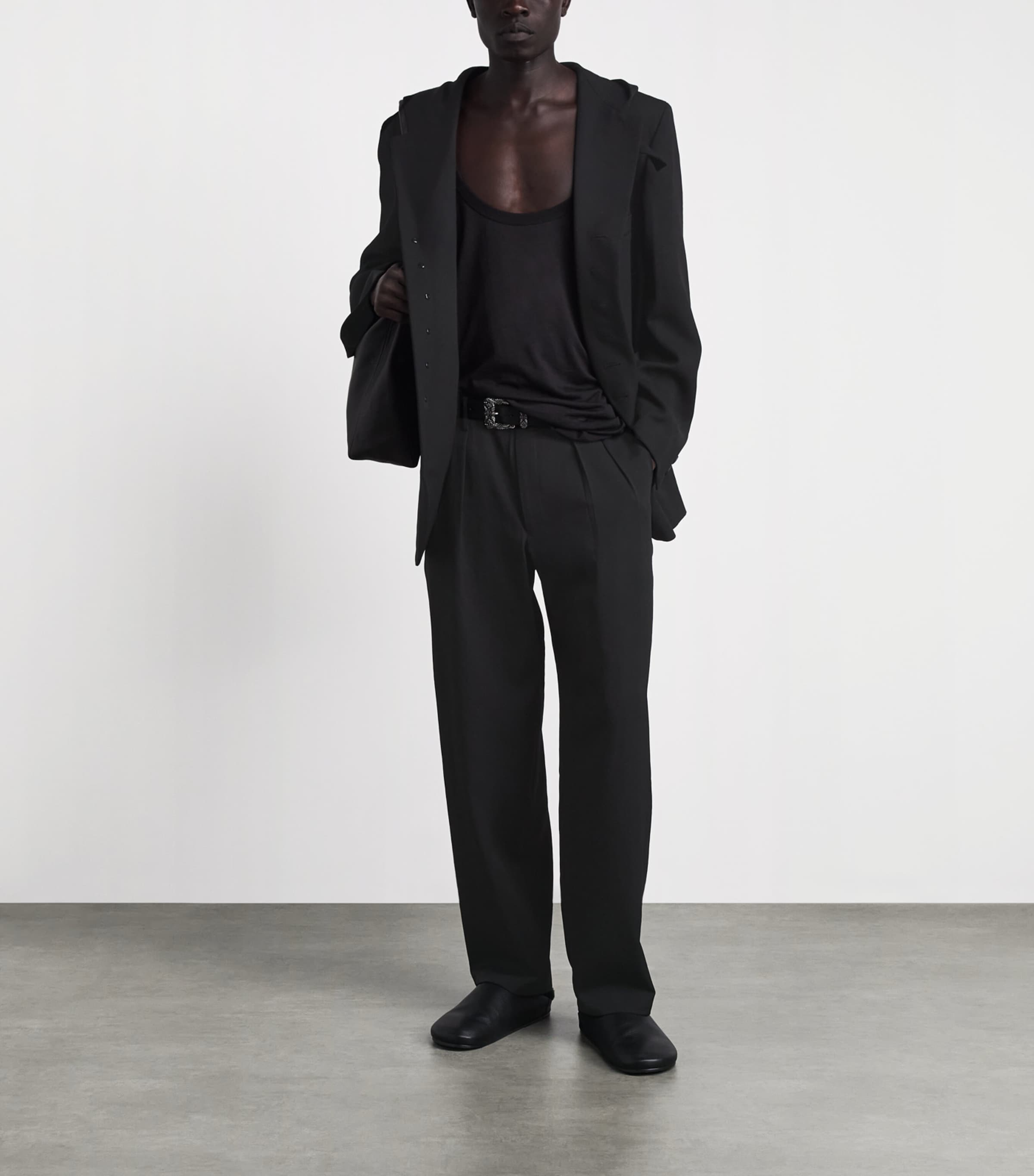 Yohji Yamamoto Mens Wool Pleated Straight Trousers Black Image 2