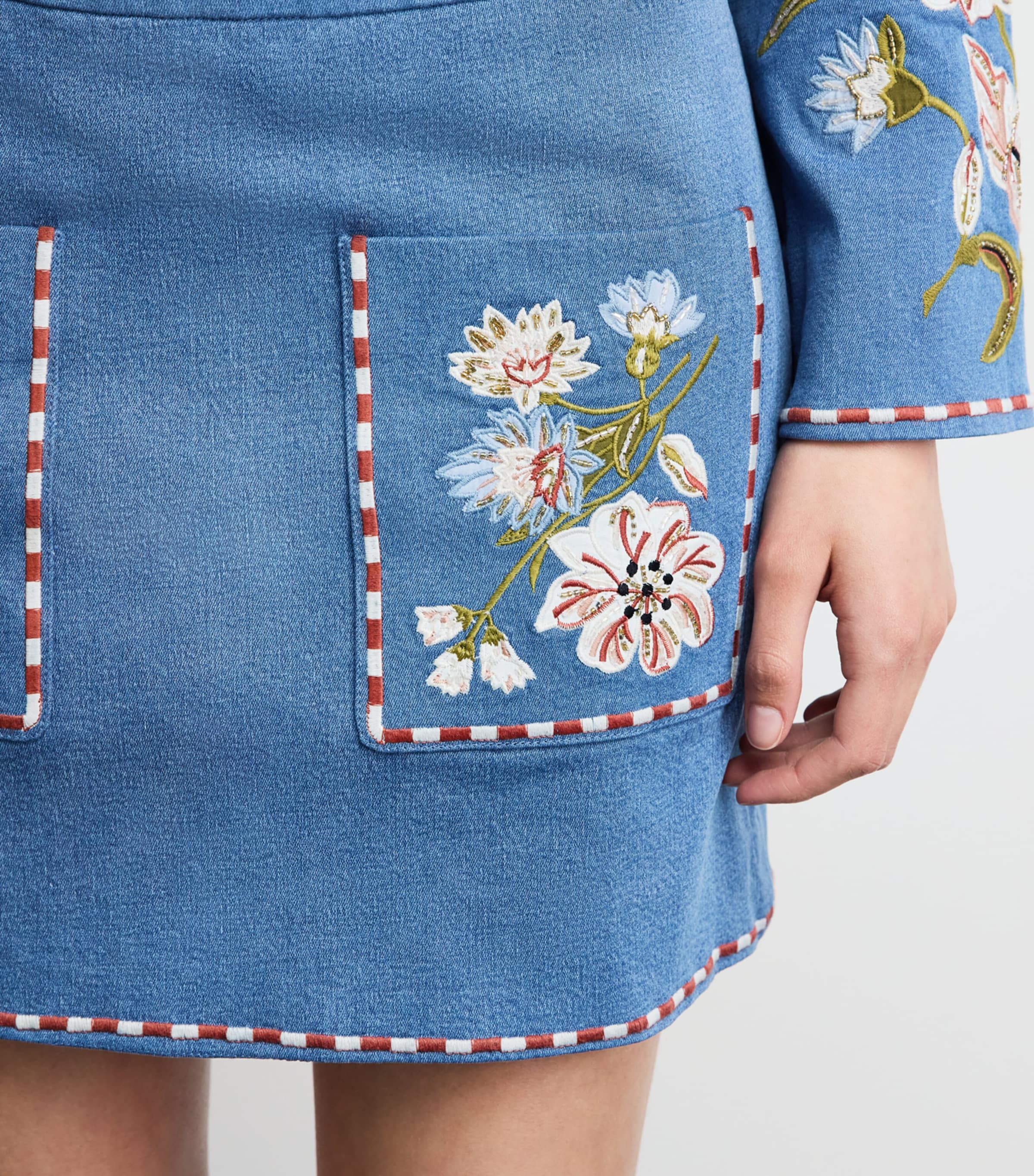 Veronica Beard Womens Denim Embroidered Mini Skirt Sea Glare Image 3