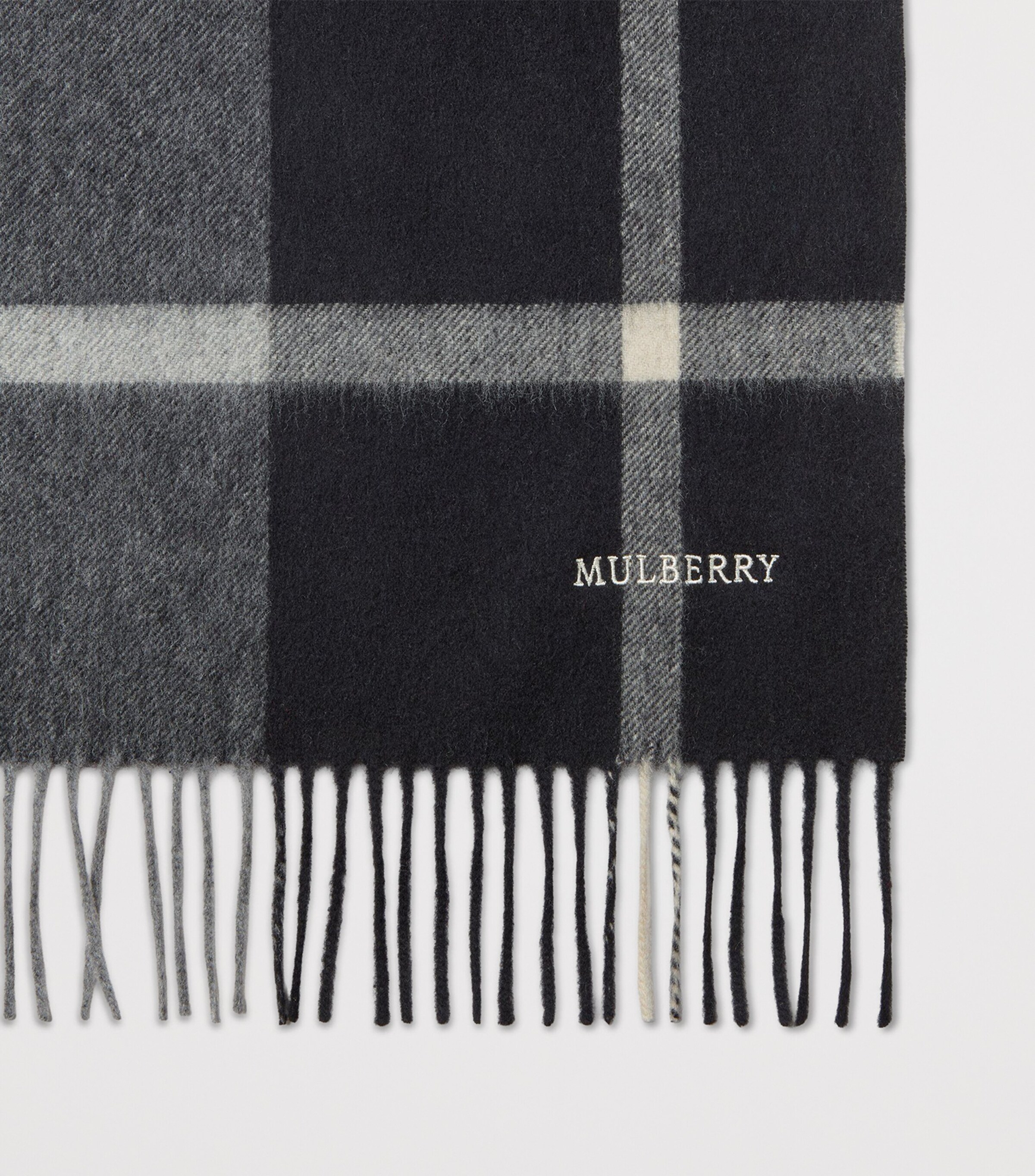 Mulberry Small Merino Wool Check Scarf Black Foggy Grey Image 3