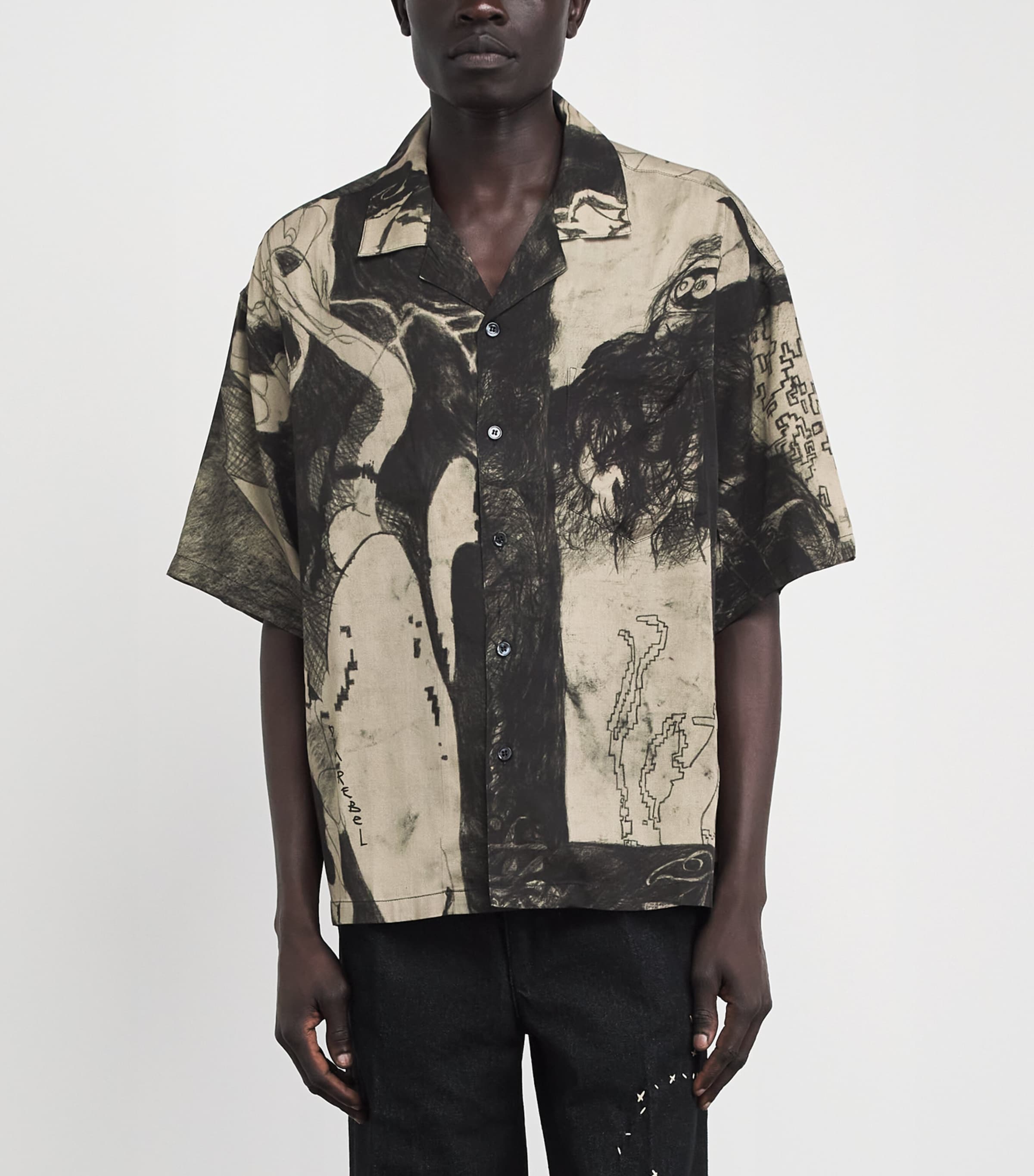 DOMREBEL Mens Squiggles Bowling Shirt Beige Image 4