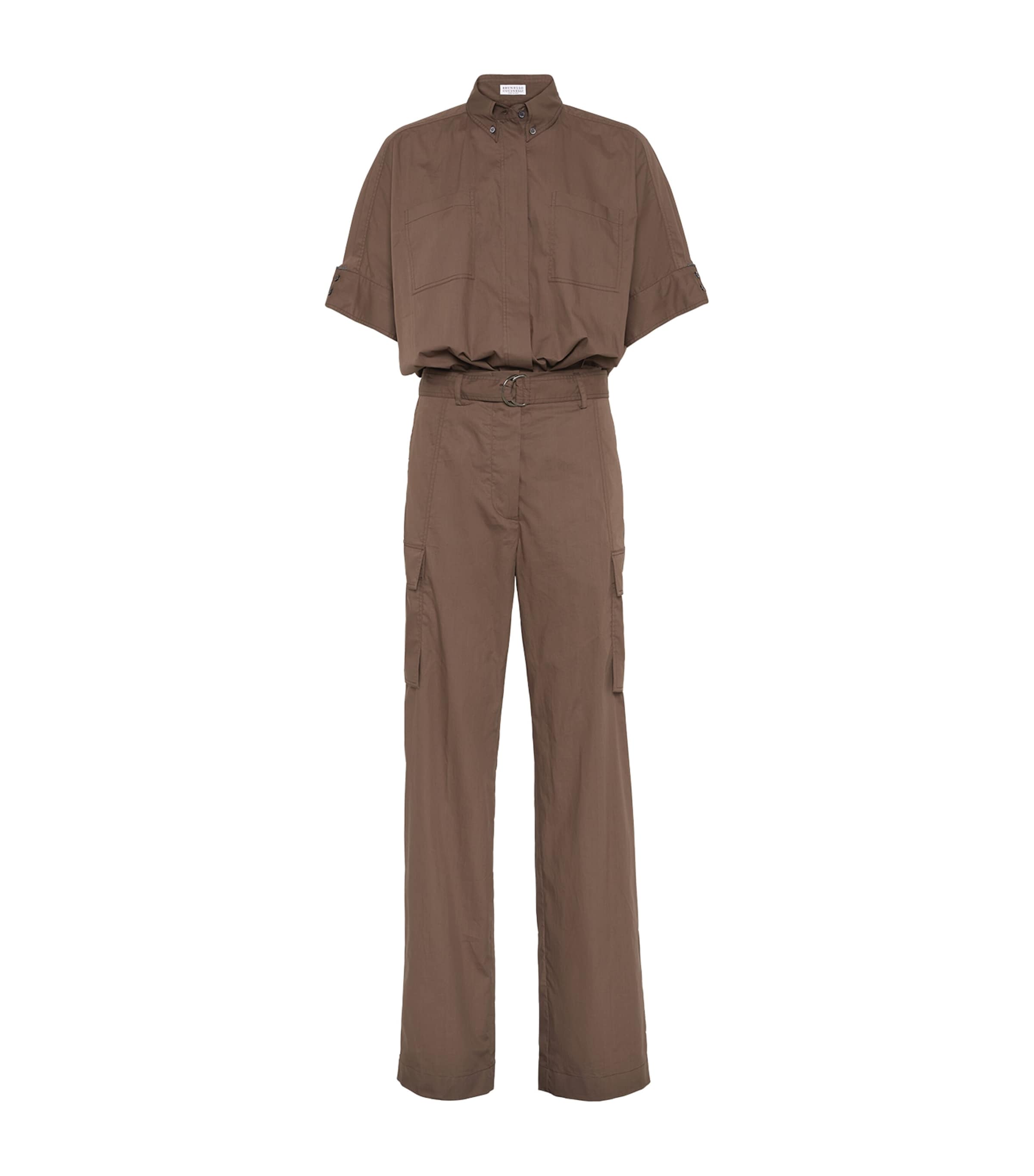 Brunello Cucinelli Cotton Belted Monili Jumpsuit In Brown