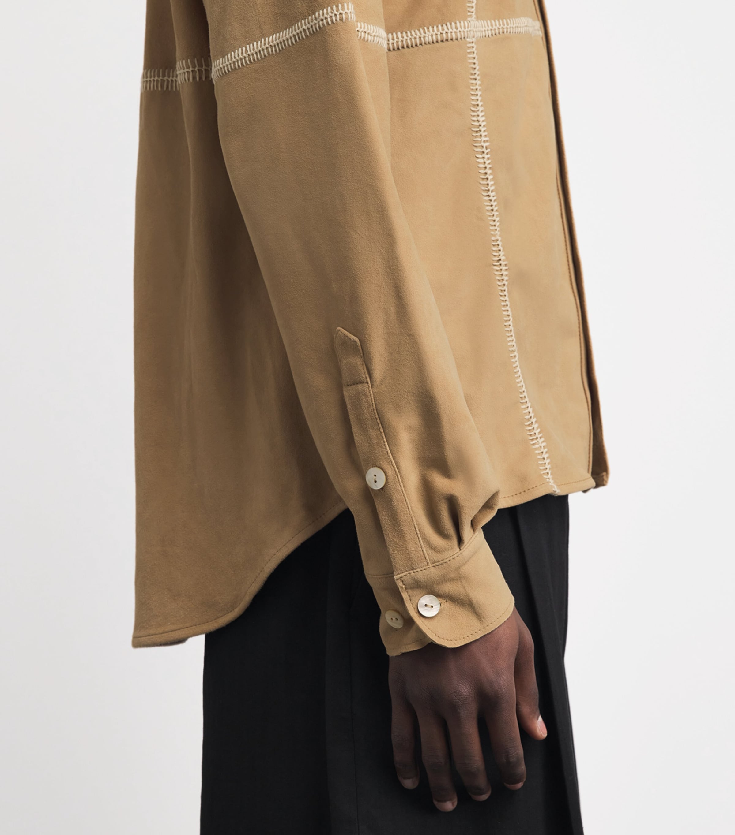 Kartik Research Mens Suede Contrast-Stitch Shirt Beige Image 3