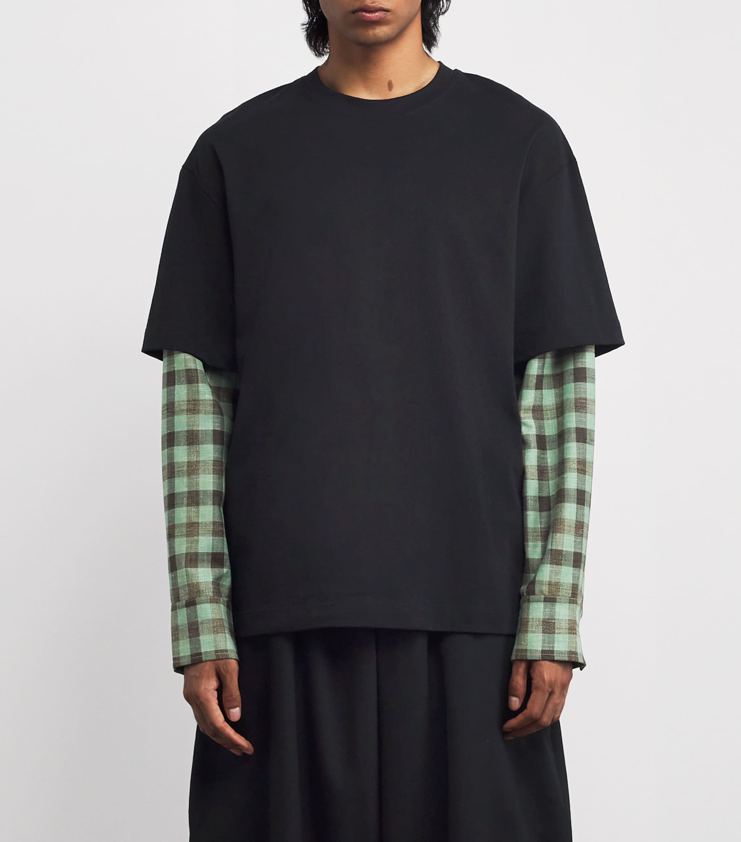 Jil Sander Black Check-Sleeve Layered T-Shirt | Harrods UK