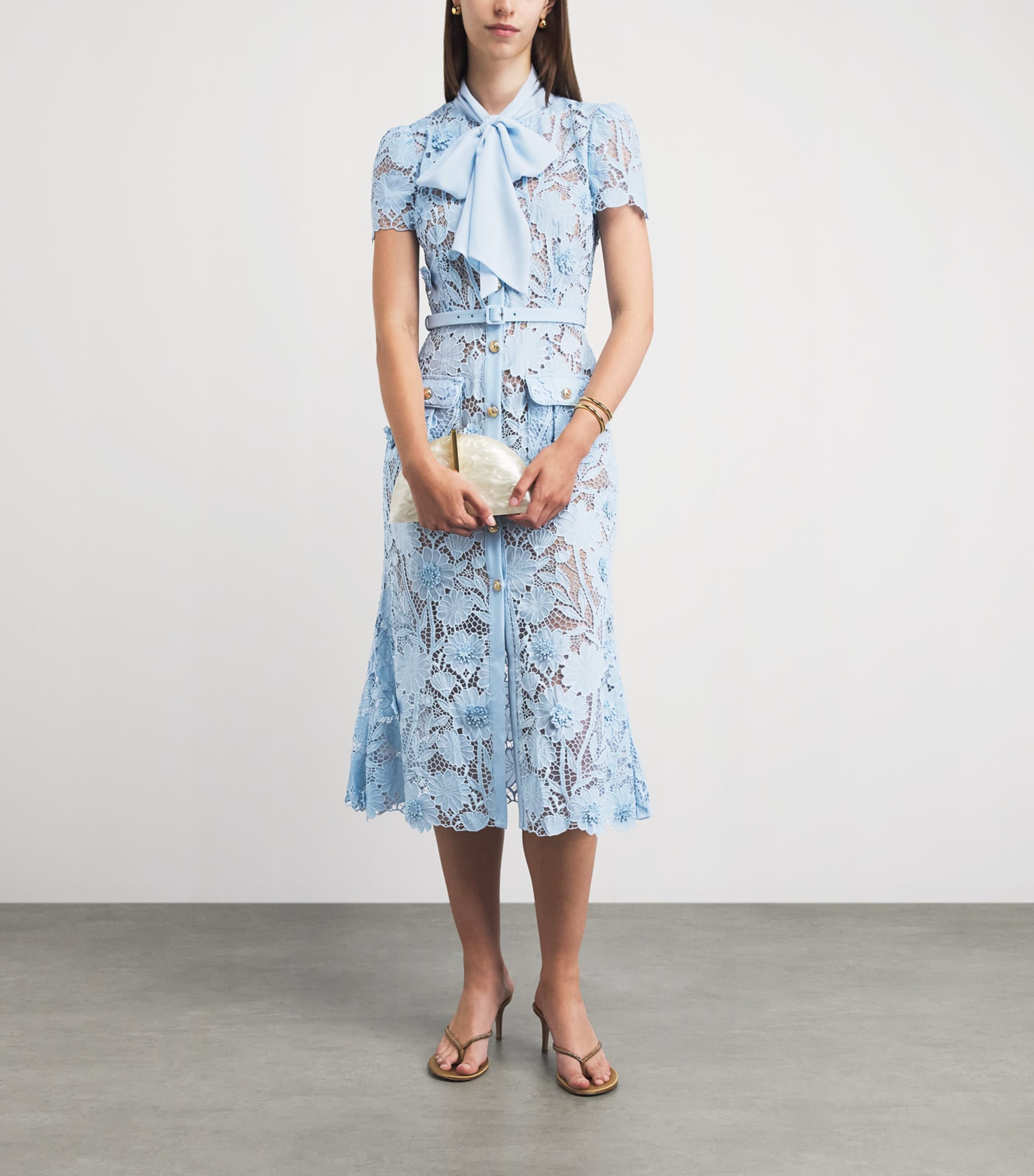 Self-Portrait Womens Lace Tie-Neck Midi Dress Blue Image 2