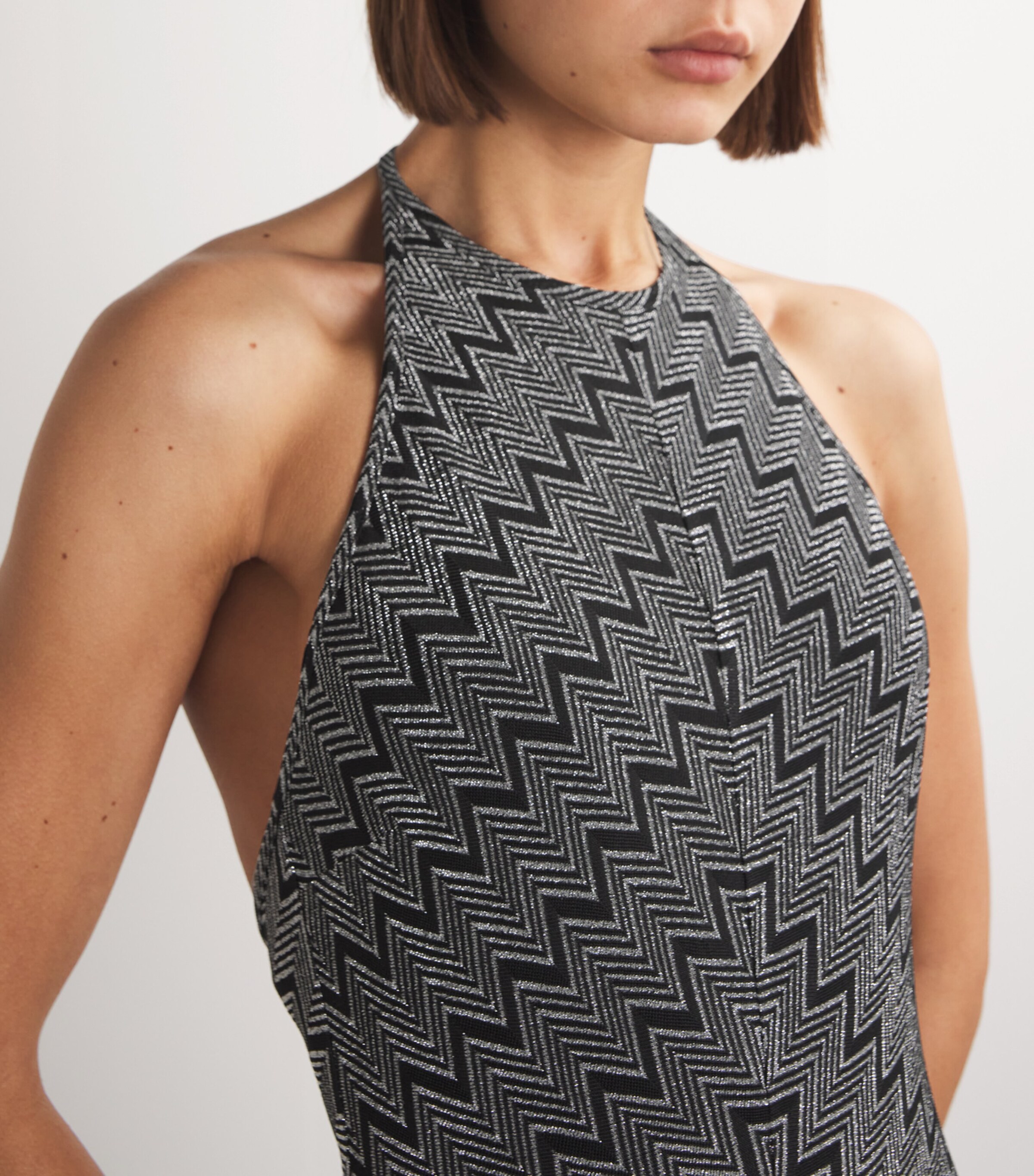 sachin and babi light blue dress Evalina Hardware Detail Open-Back Halterneck Micro Mini Dress in Sky Grey