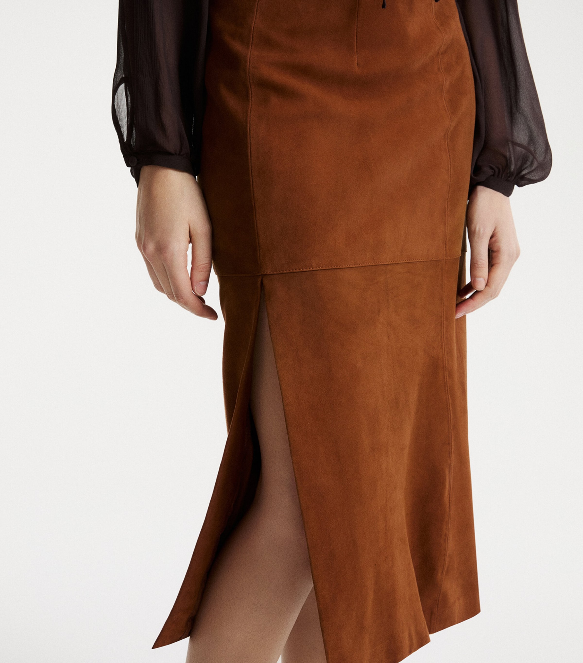 Marella Womens Suede Panelled Skirt Cognac Image 5