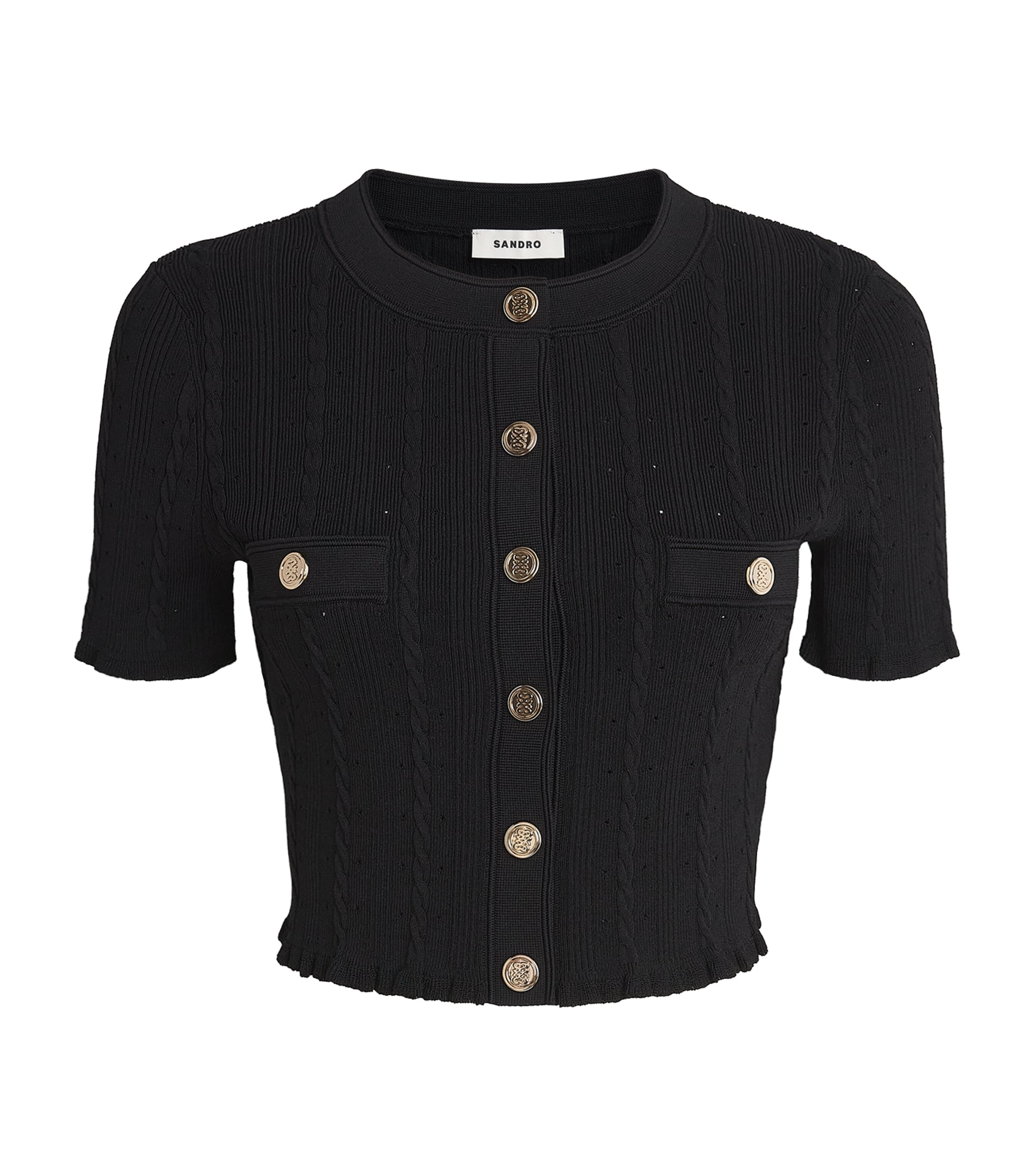 Sandro Paris Womens Pointelle-Knit Cropped Cardigan Black Image 1