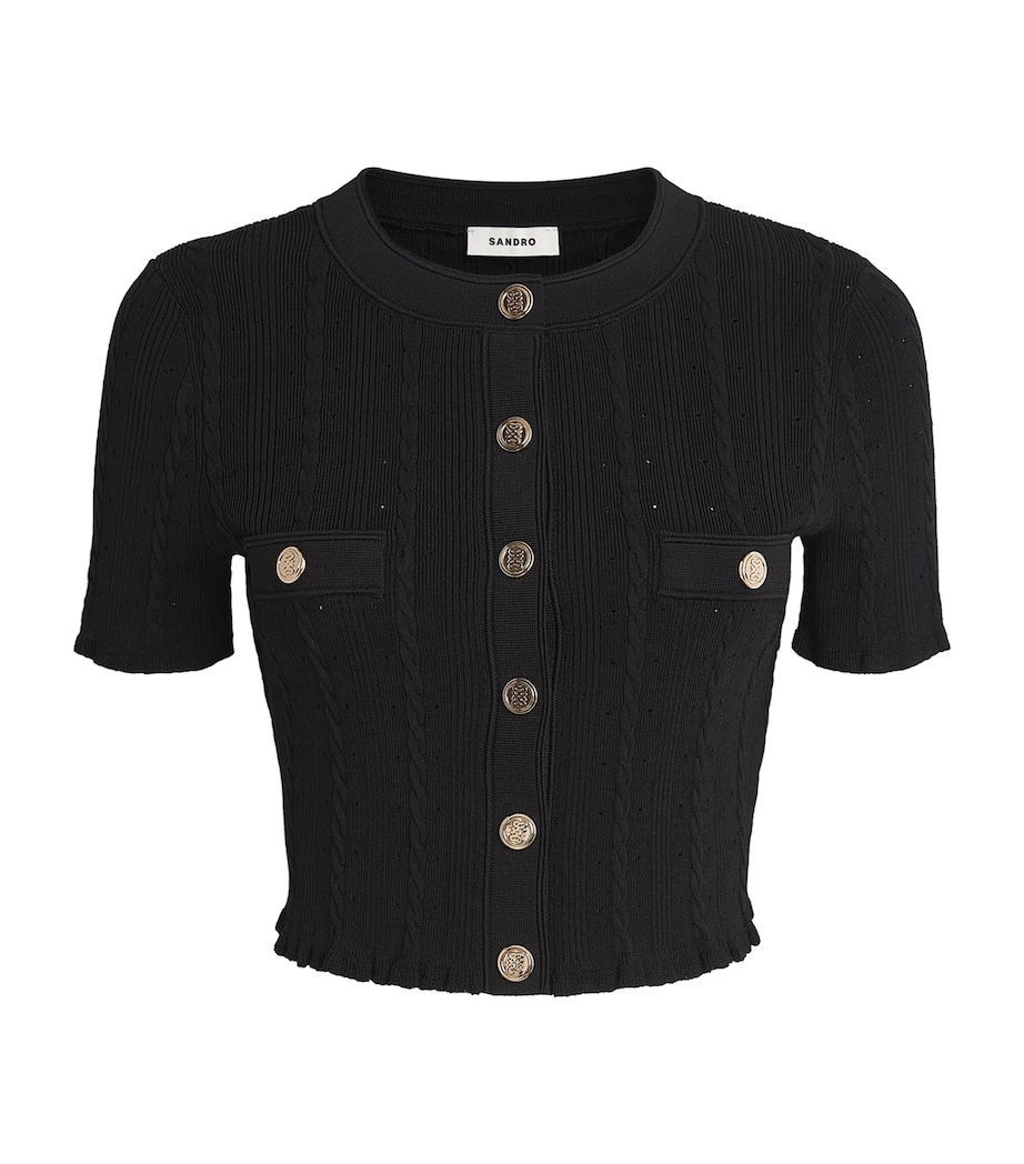 Sandro Paris Womens Pointelle-Knit Cropped Cardigan Black Image 1