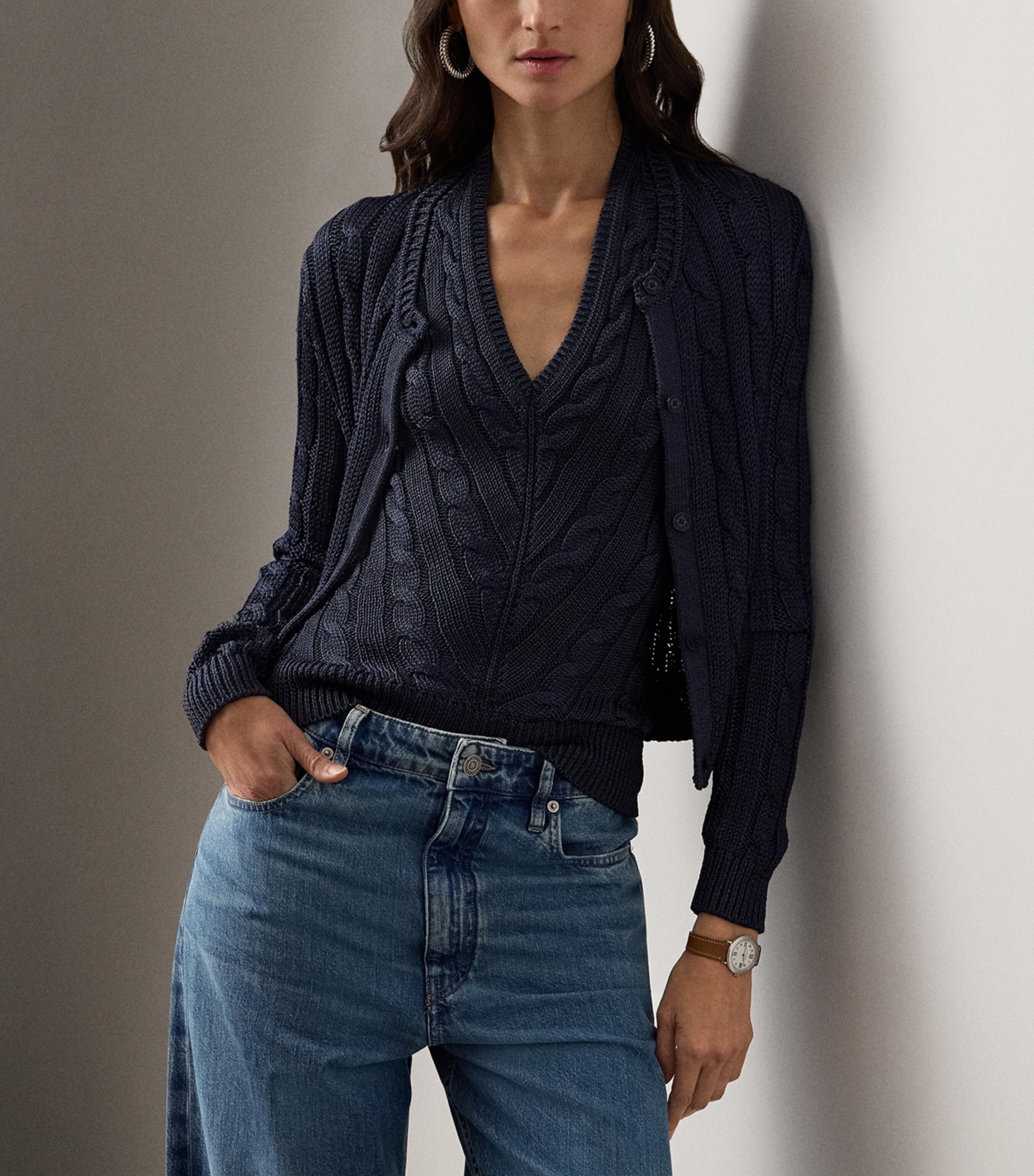 Silk Cable-Knit Cropped Cardigan NAVY-410 Image 4