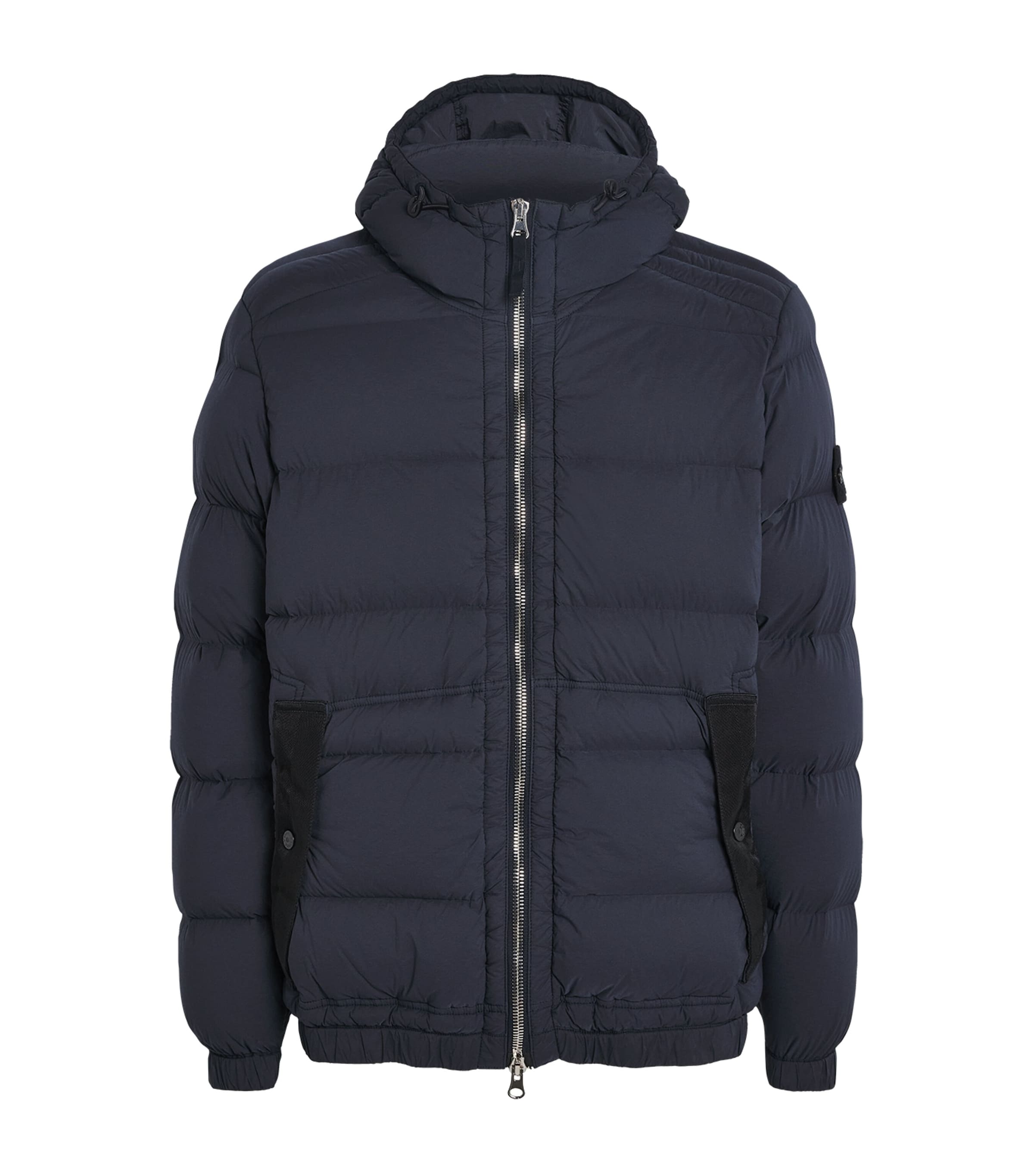 Stone Island Blue Hooded Down Jacket With Logo Patch In Nylon Man In Blue