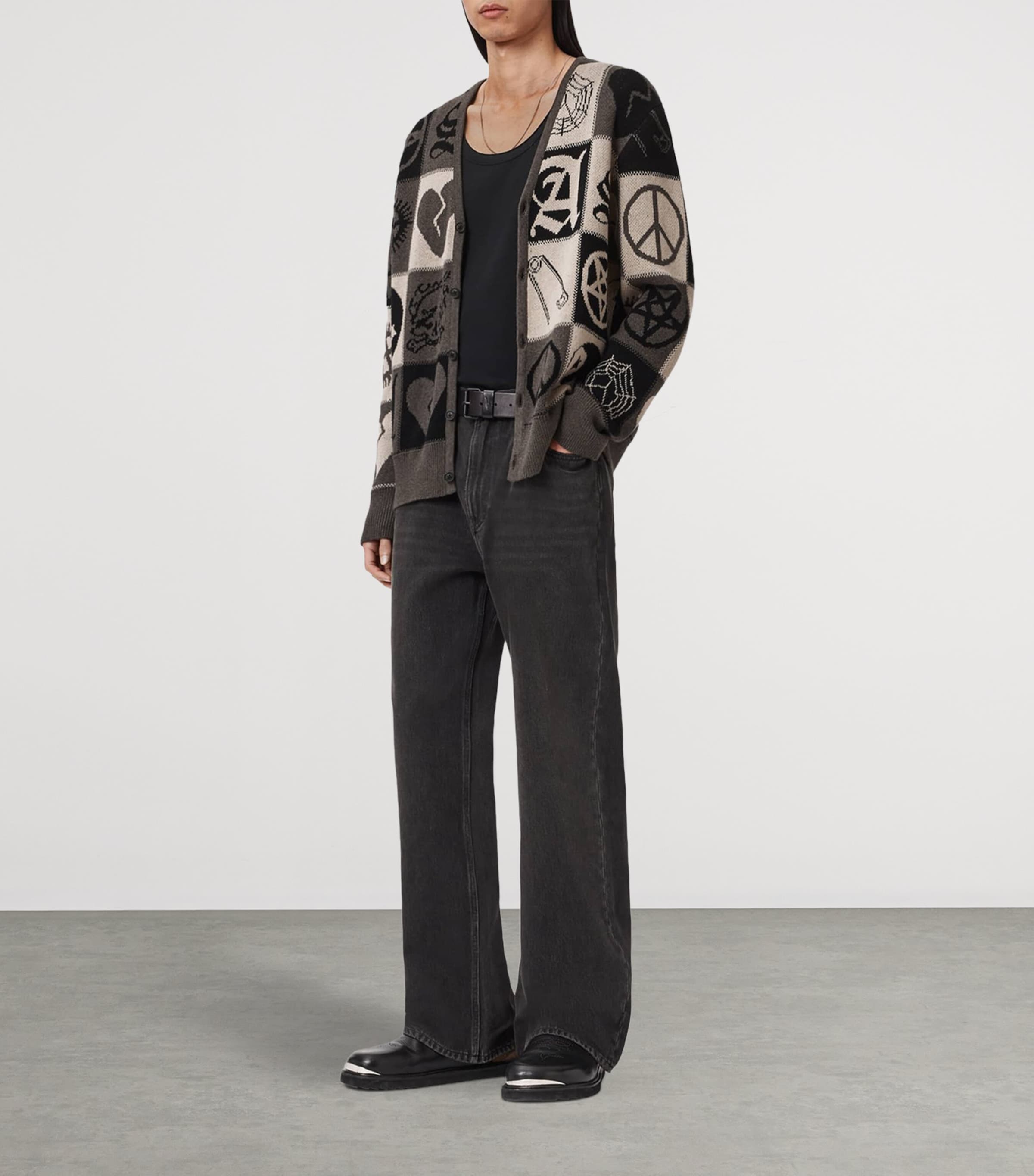 AllSaints Mens Organic Cotton Barker Cardigan Taupe Brown/black Image 2