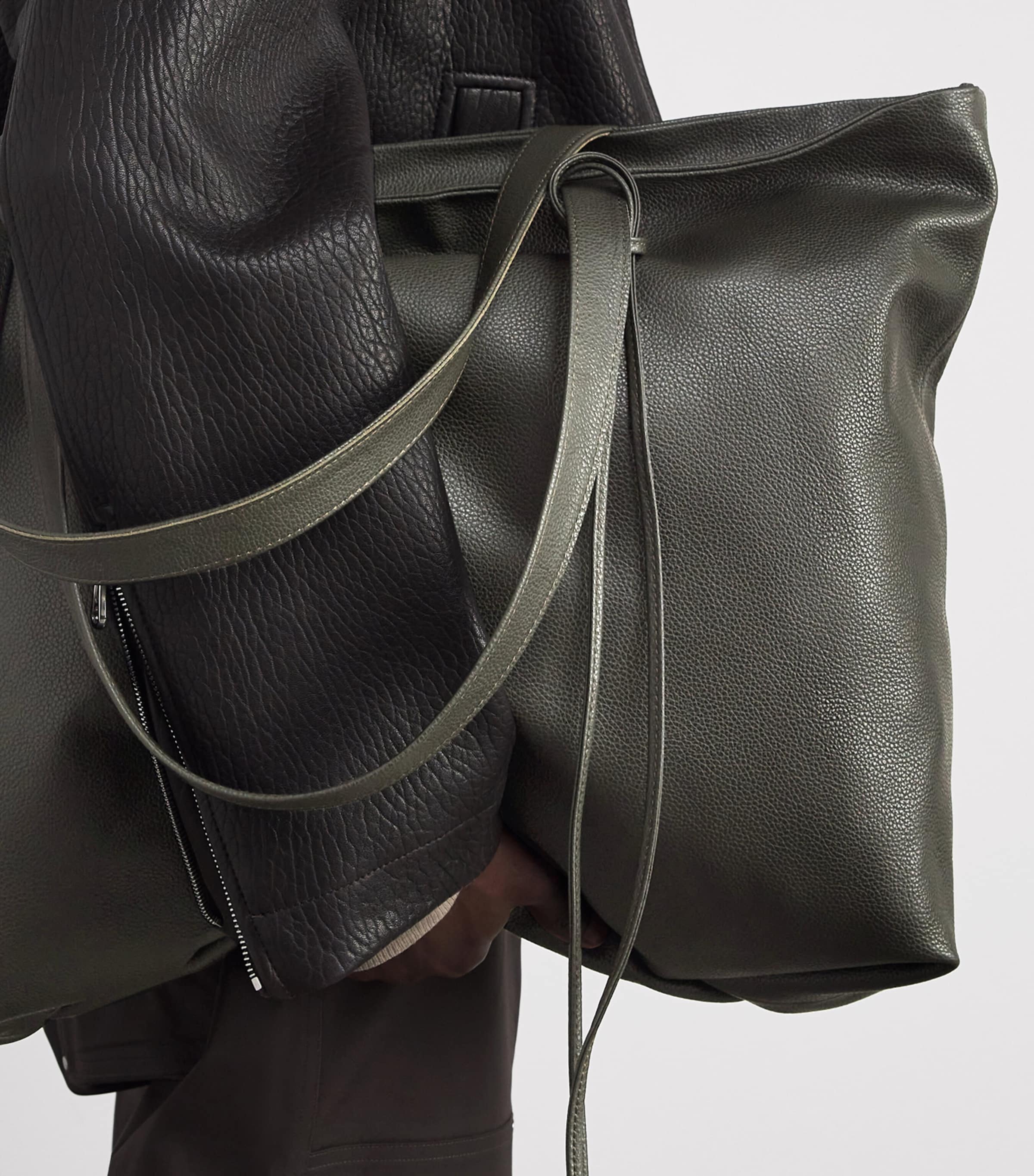 Large Grained Leather Tote Bag DARK GREEN 630 Image 5