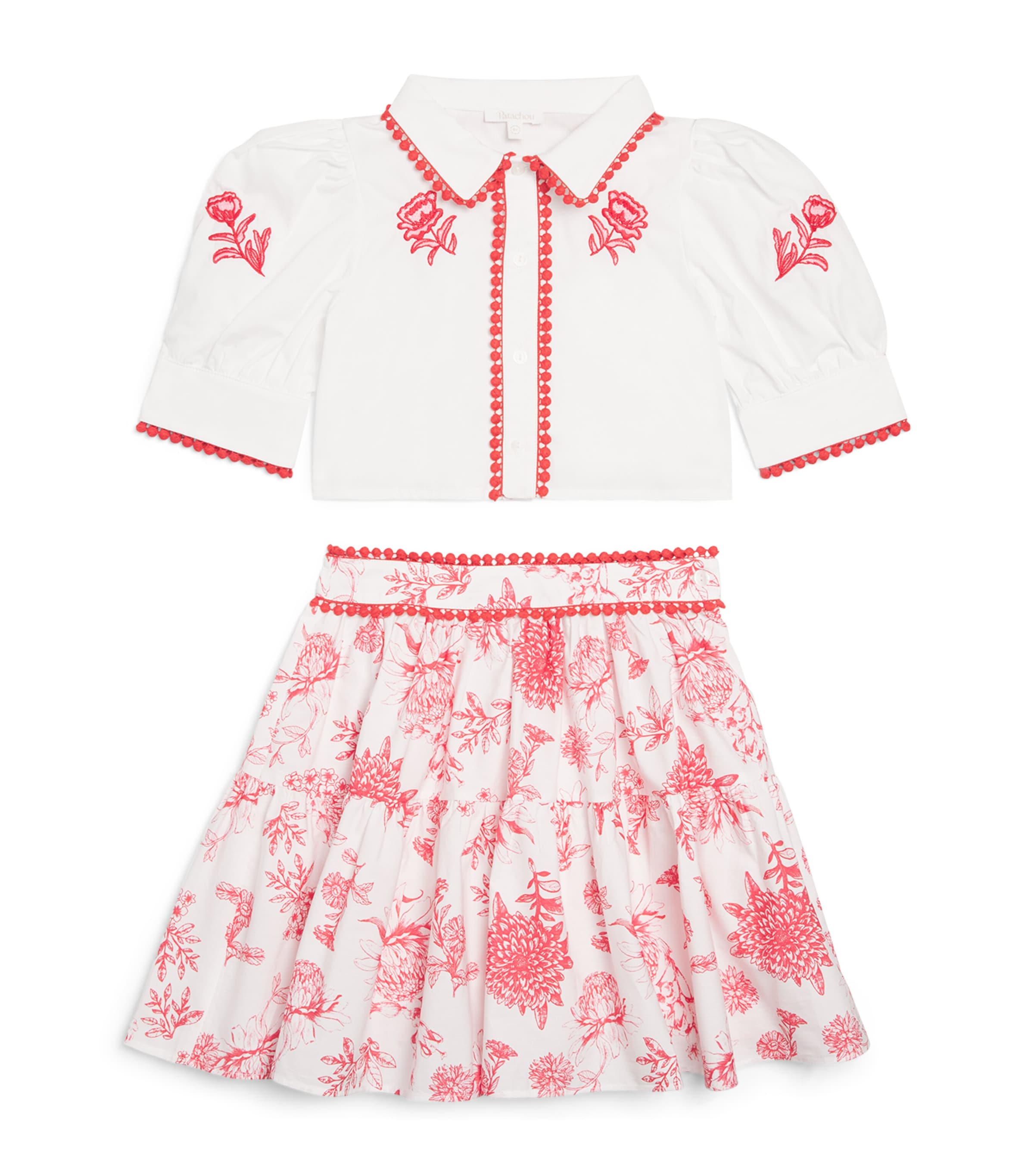 Patachou Cotton Floral Top and Skirt Set (3-14 Years) Red Blossom Image 1