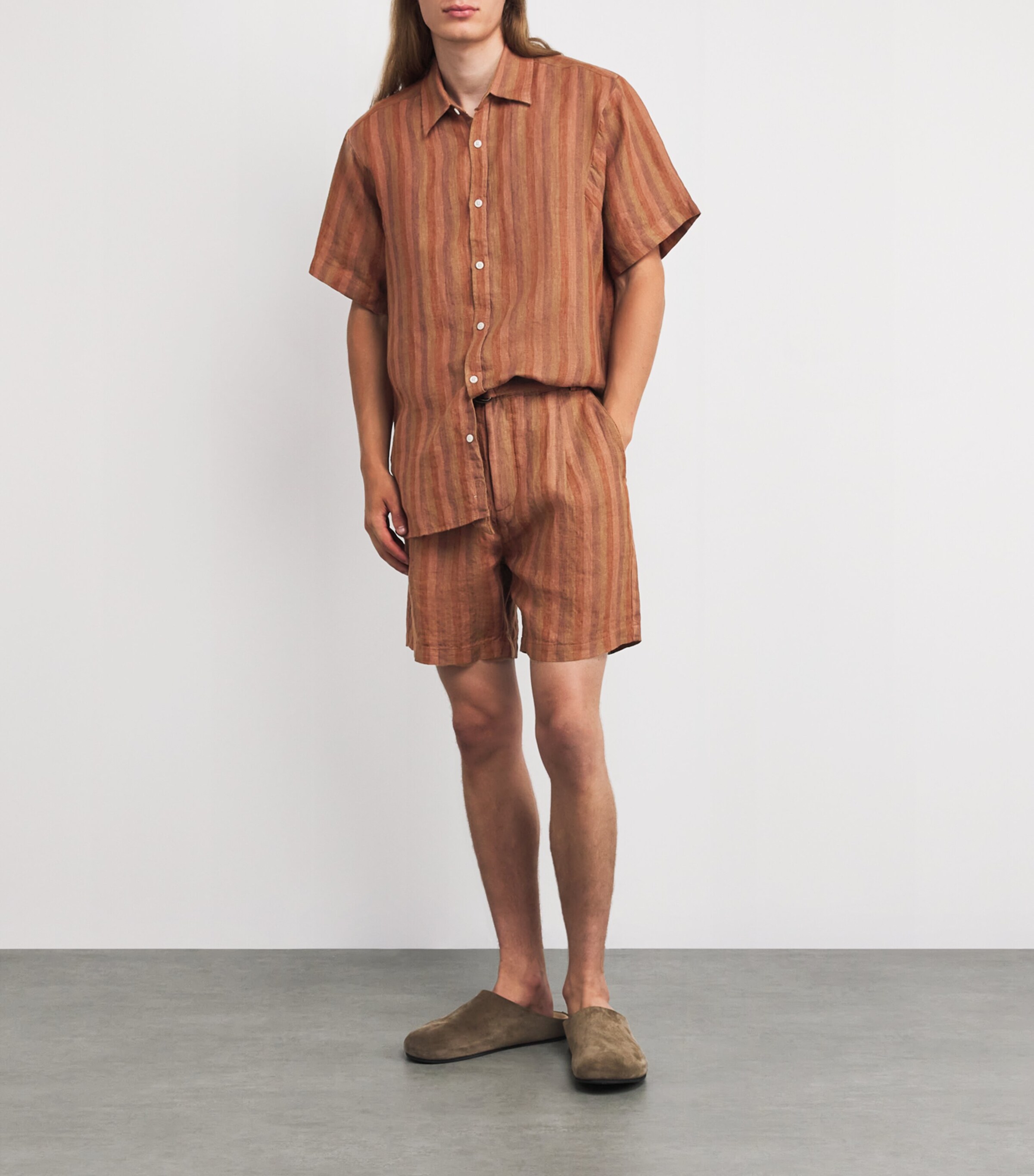 Oliver Spencer Mens Linen Stripe Garrison Shorts Terracotta Image 2
