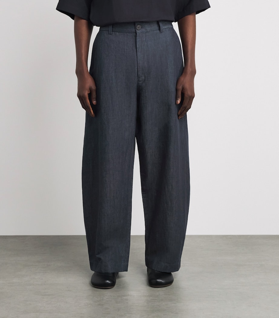 Studio Nicholson Mens Cotton-Linen Curved Trousers Indigo Image 4