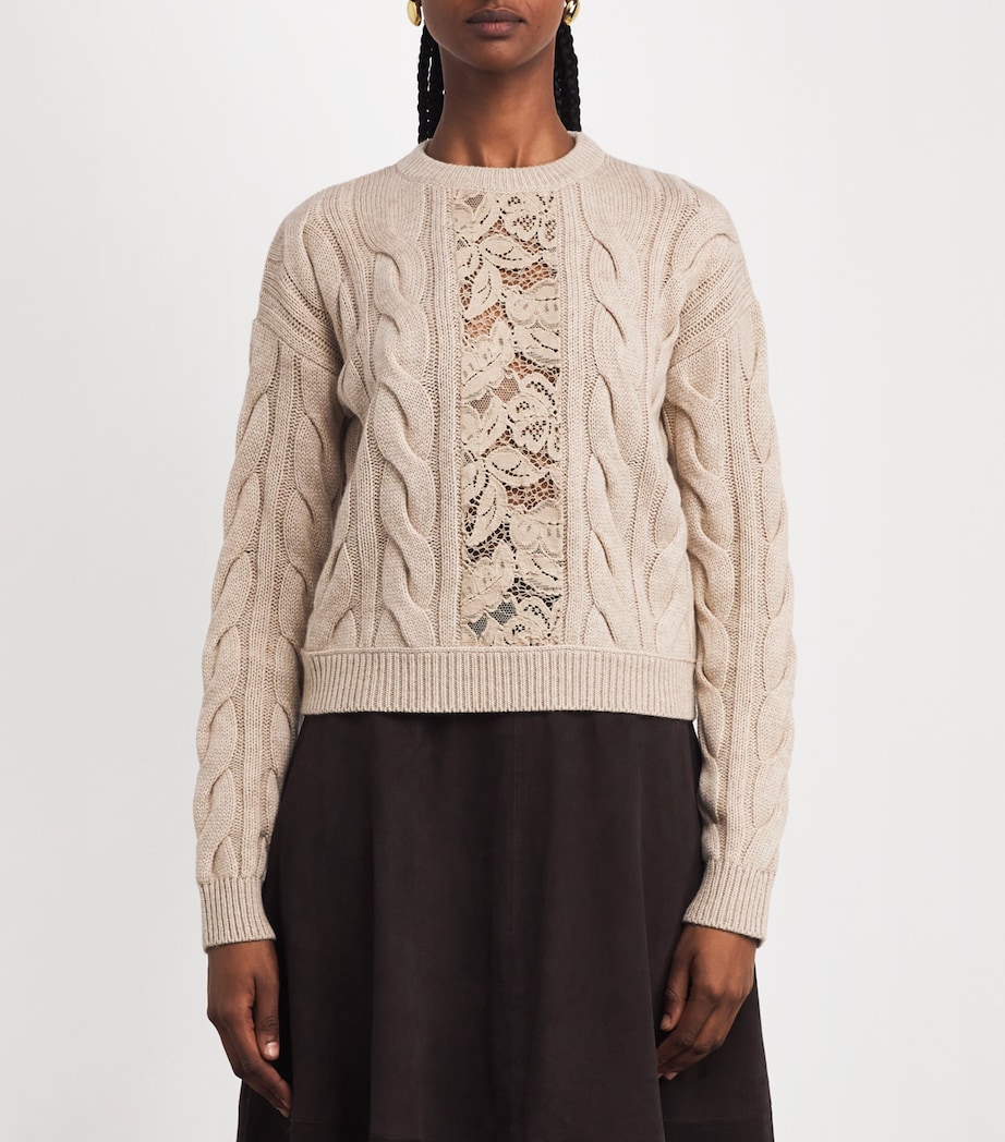 Wool-Cashmere Cable-Knit Lace Sweater SAND Image 3