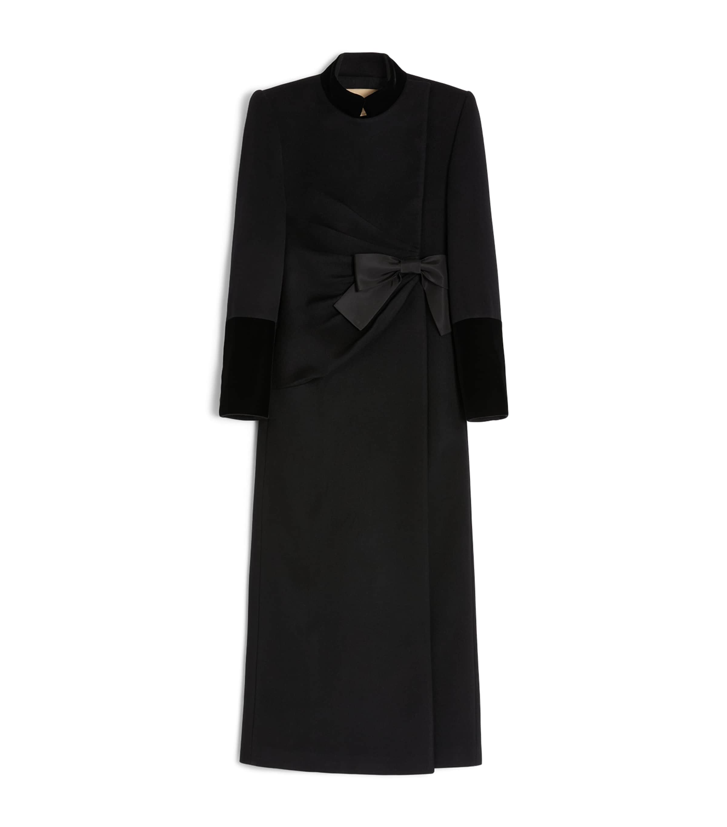 Valentino Velvet Bow Double-breasted Wool-cashmere Long Coat In Black