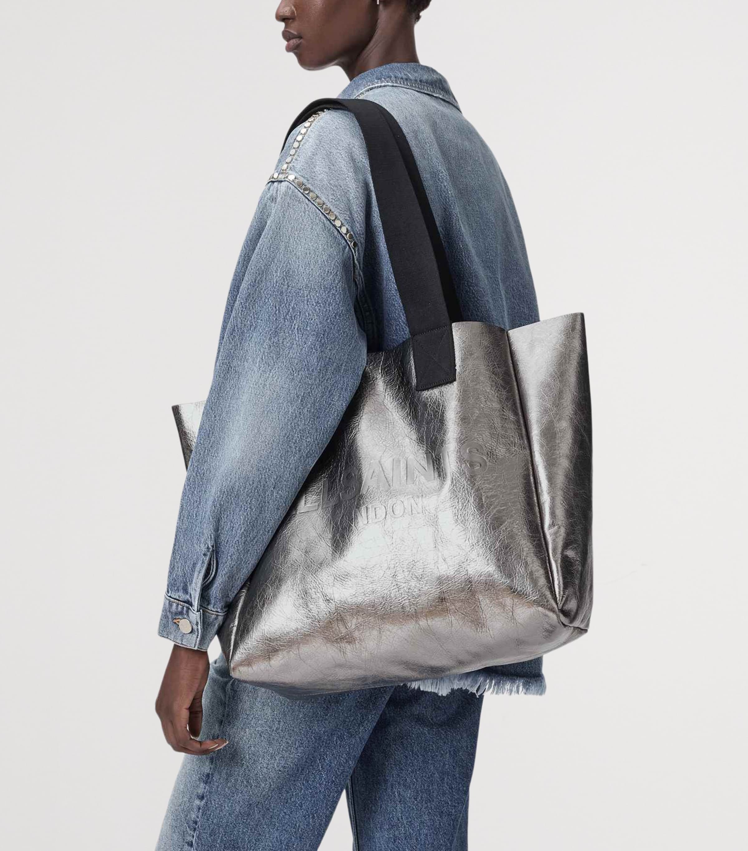 AllSaints Grey Metallic Leather Izzy Tote Bag | Harrods US