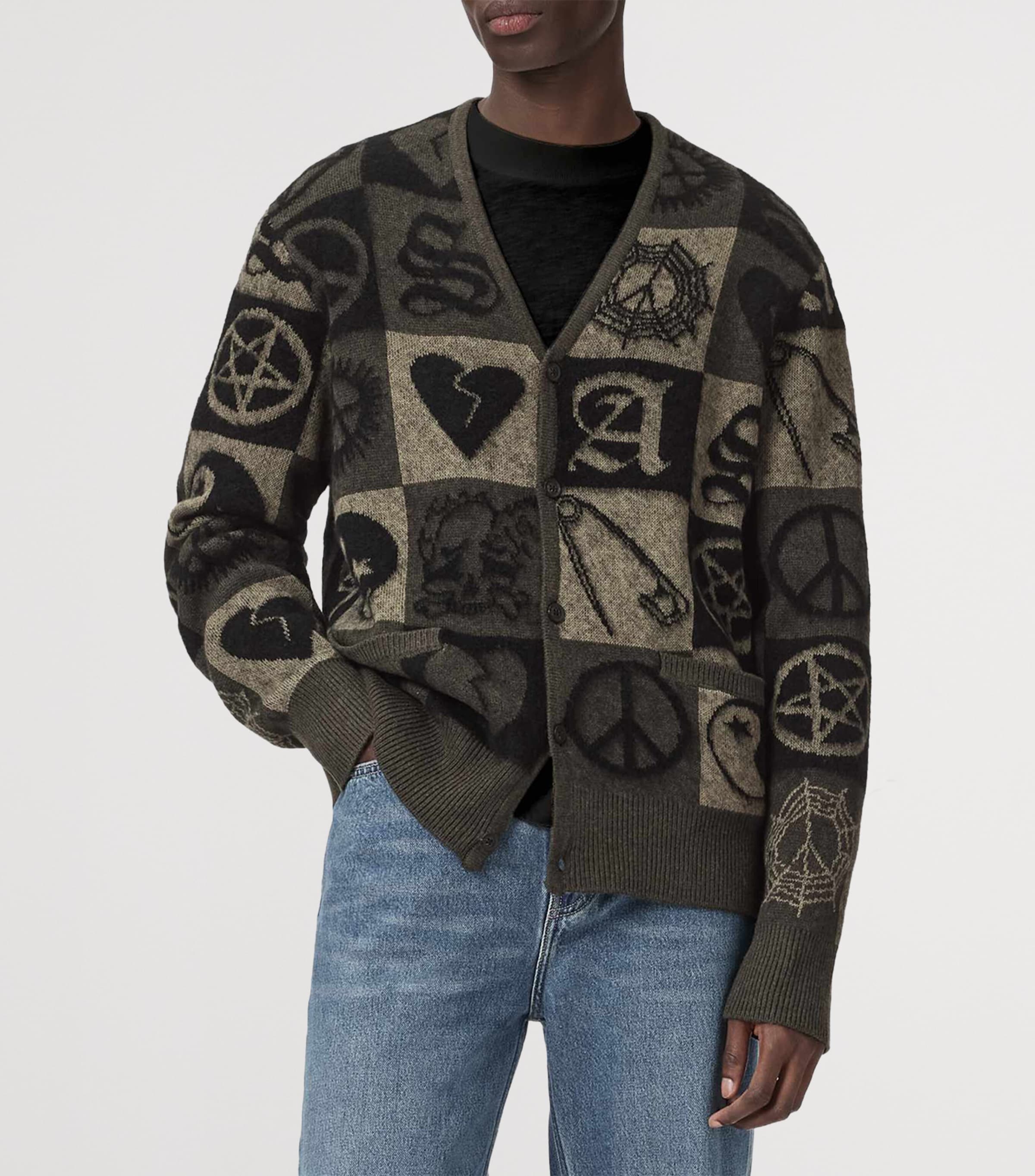 AllSaints Mens Jacquard Travis Cardigan Olive Green/black Image 3