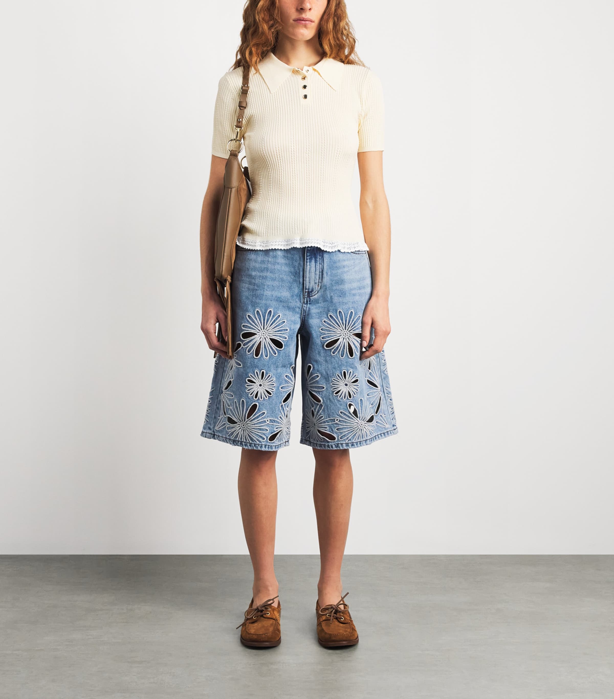 Sandro Paris Blue Open-Work Embroidered Denim Shorts | Harrods UK