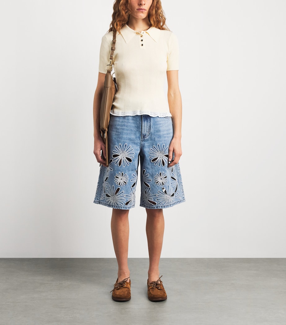 Sandro Paris Womens Open-Work Embroidered Denim Shorts Blue Jean Image 2
