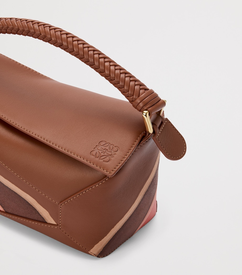 Small Leather Puzzle Edge Landscape Top-Handle Bag PECAN PARROT PINK Image 10