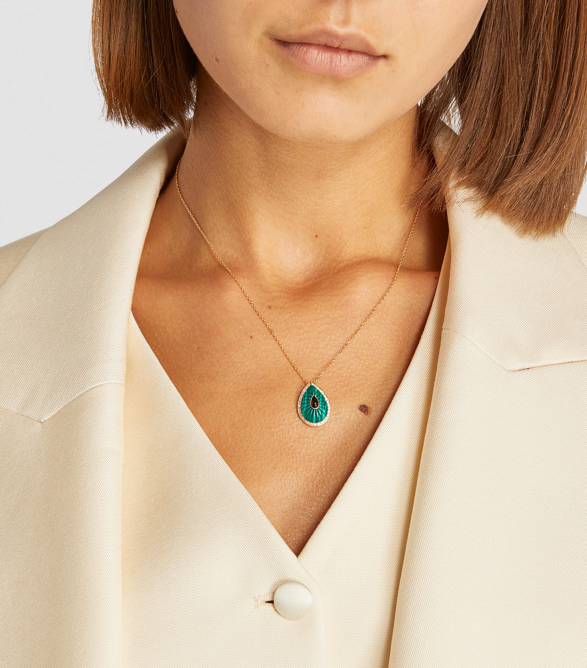 Yellow Gold, Diamond and Malachite Bond Street Pendant Necklace GREEN Image 4