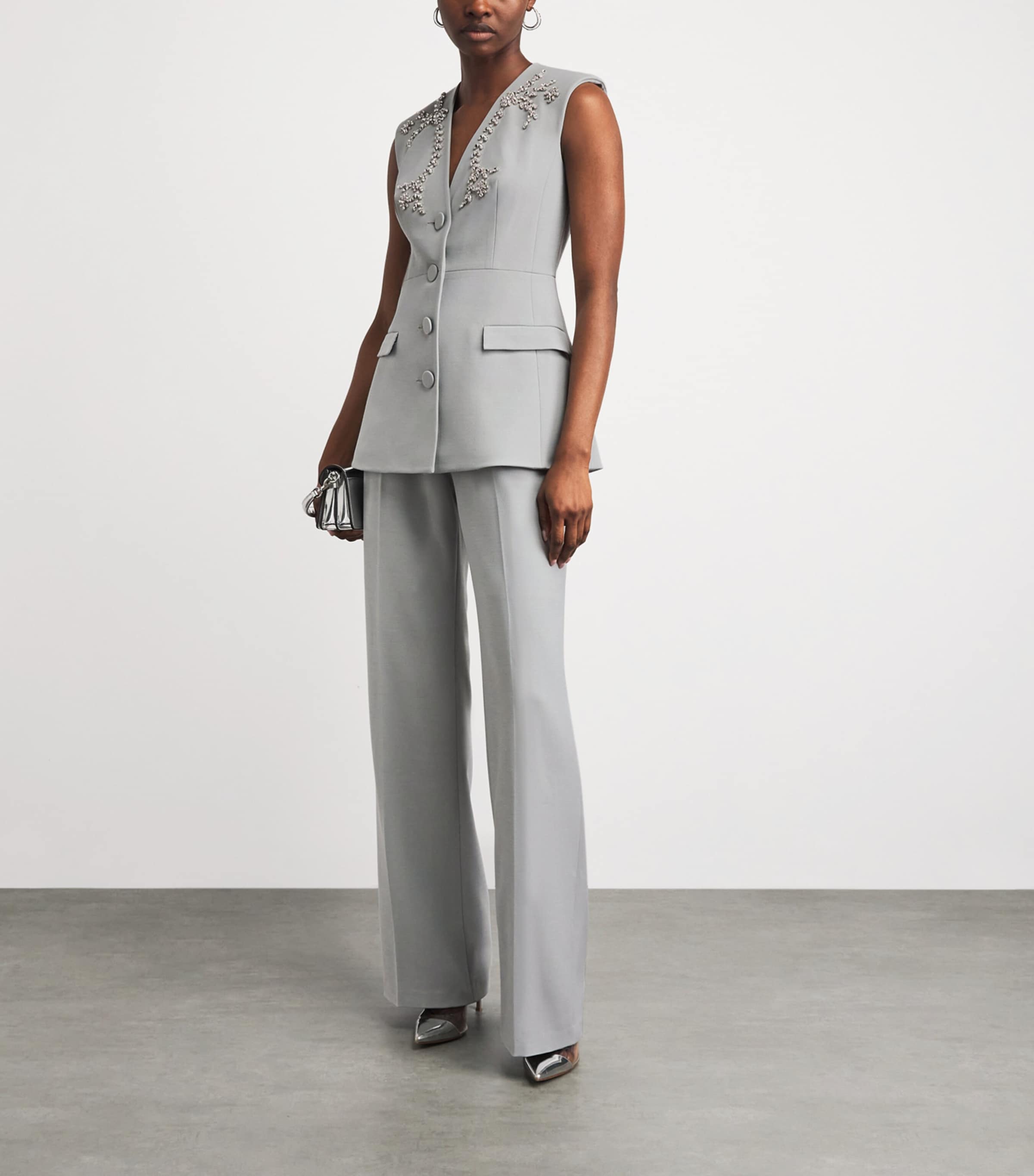 Huishan Zhang Womens Crepe Embellished Sigrid Sleeveless Jacket Grey Image 2