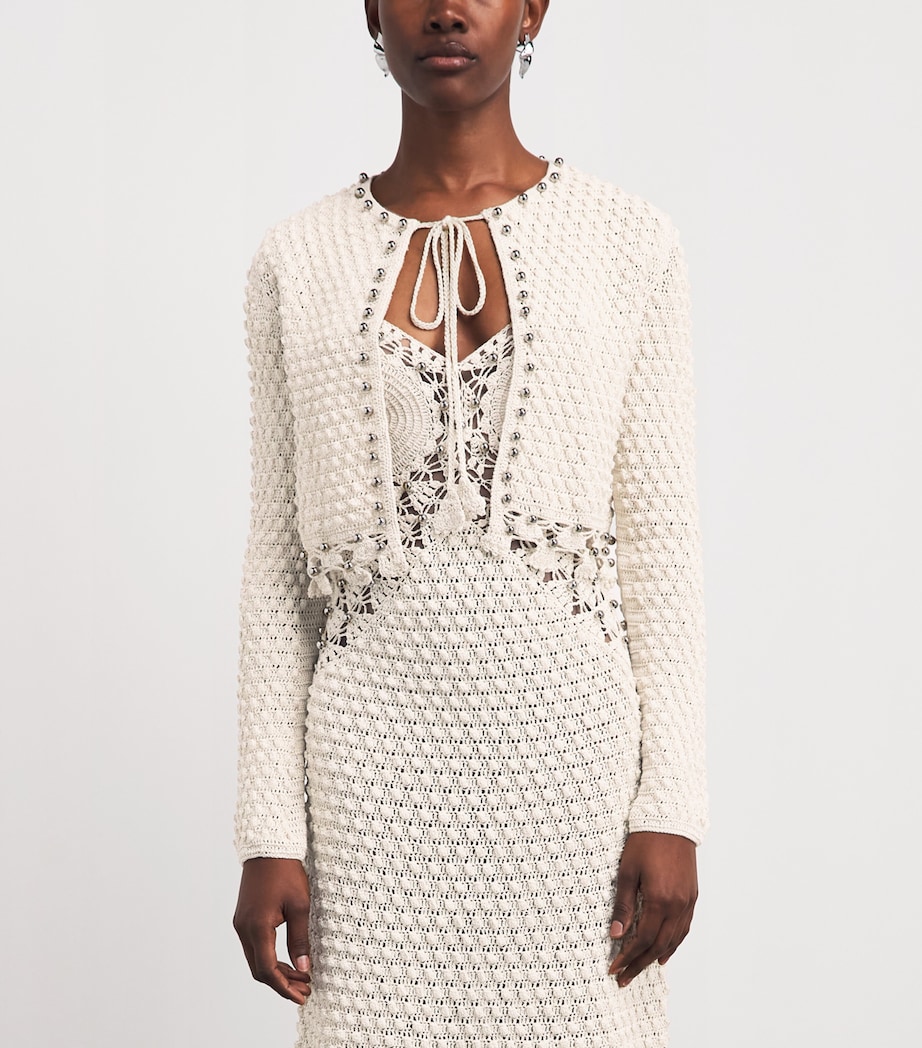 Rabanne Womens Cotton Crochet Tie-Detail Cardigan Ecru Fluffy Image 4