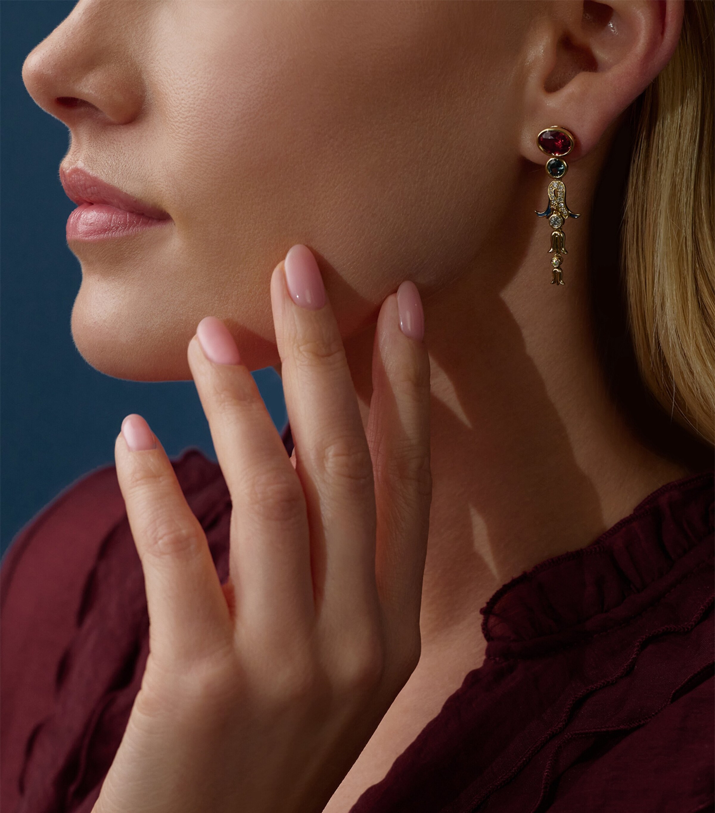Boodles Yellow Gold, Diamond and Gemstone Presence Chamber Palace Drop Earrings Red Image 2