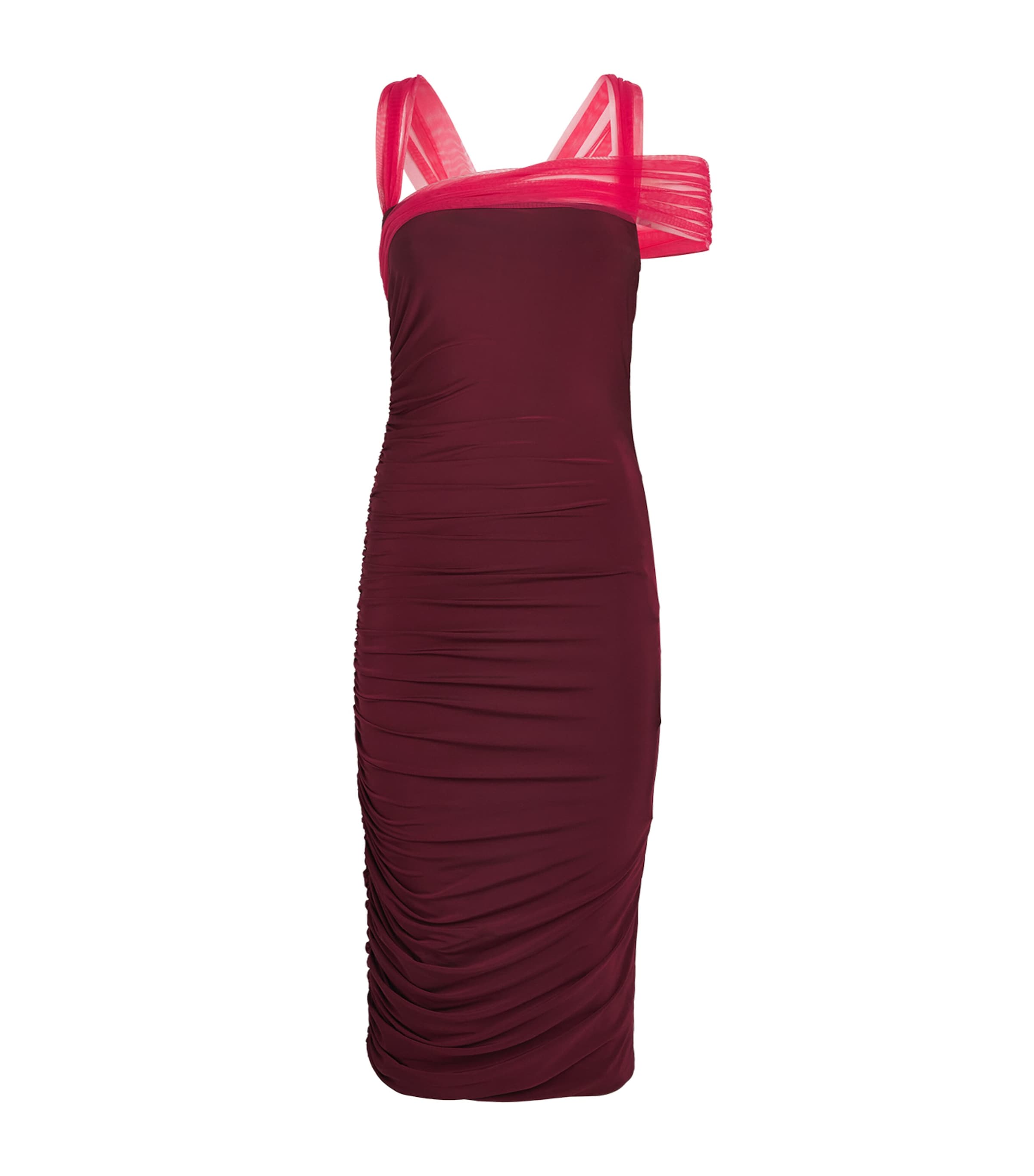 Nensi Dojaka Tulle-trim Ruched Midi Dress In Burgundy