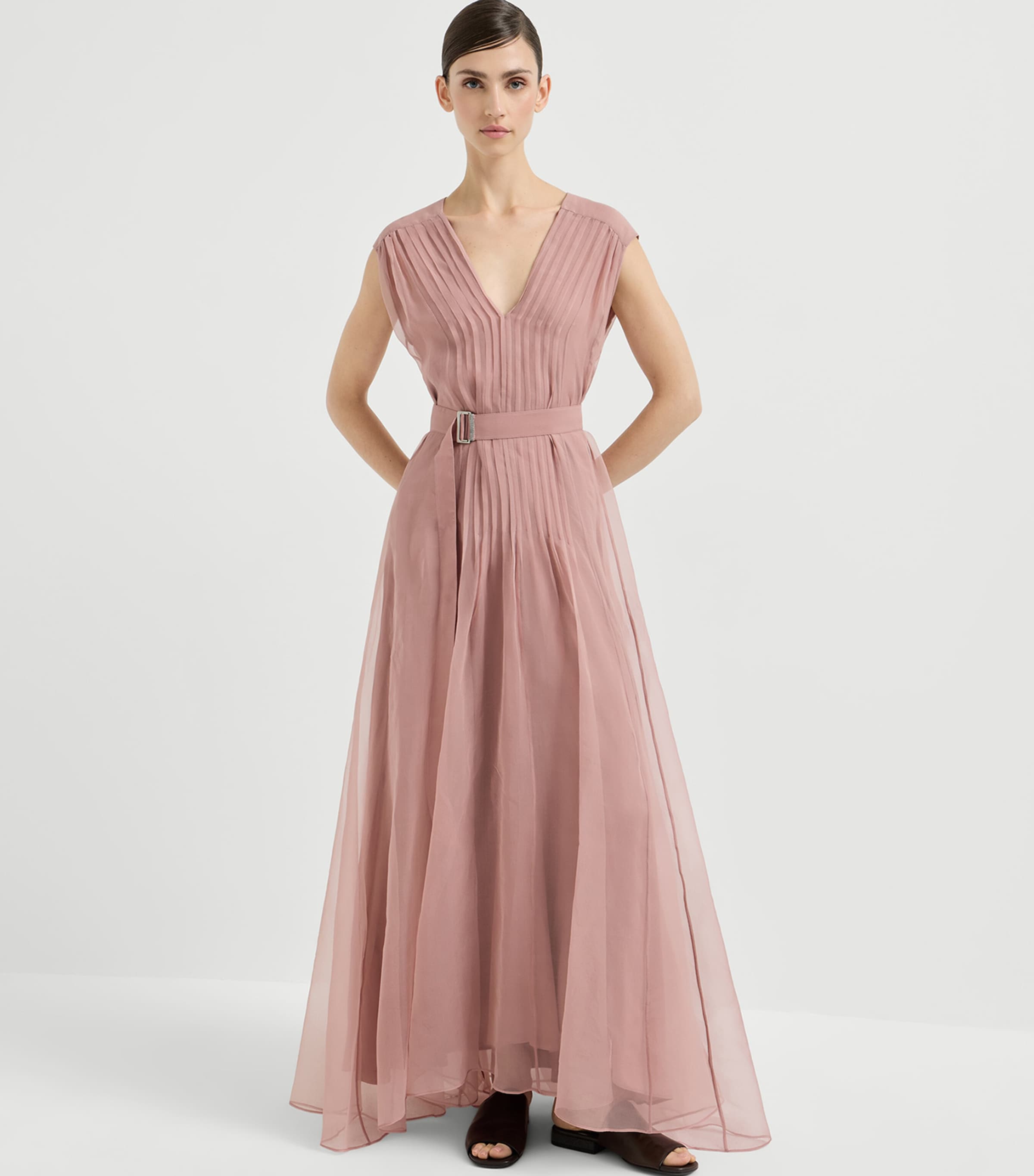 Brunello Cucinelli Womens Silk Belted Maxi Dress Image 3