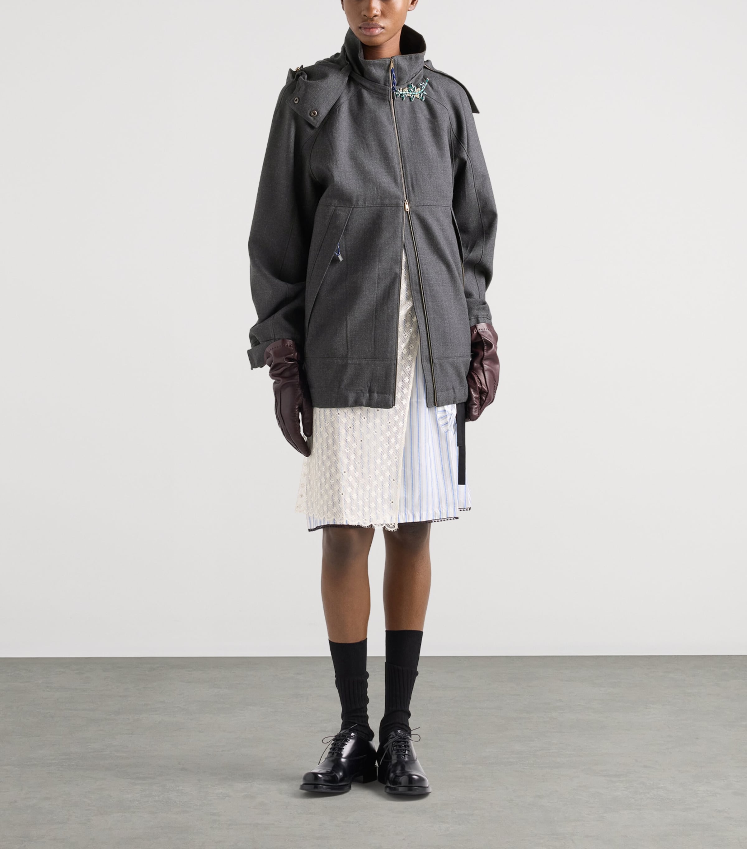 Prada Womens Wool Hopsack Hooded Jacket Grey Image 2
