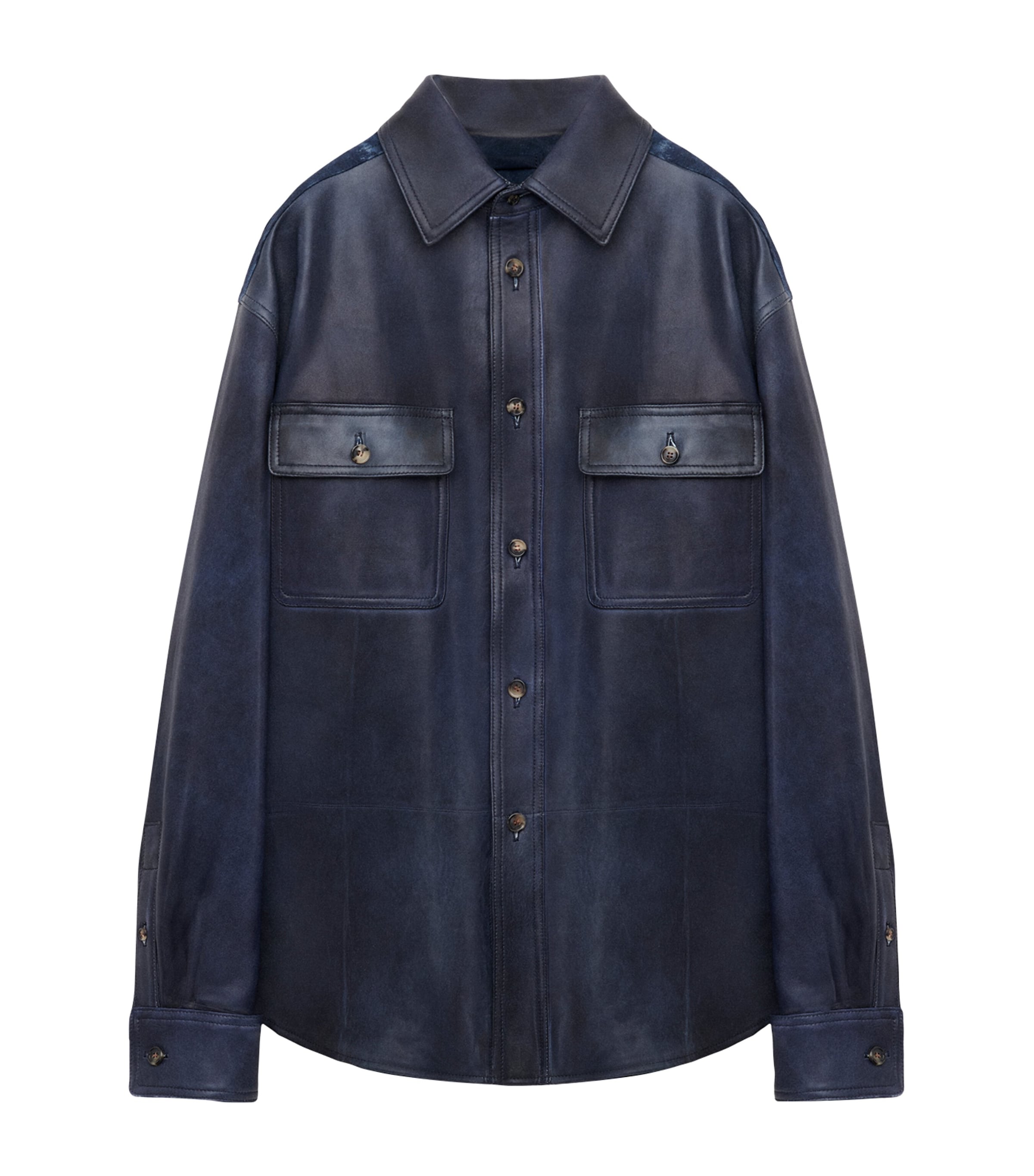 LOEWE Mens Leather Denim-Back Overshirt Navy Blue Image 1