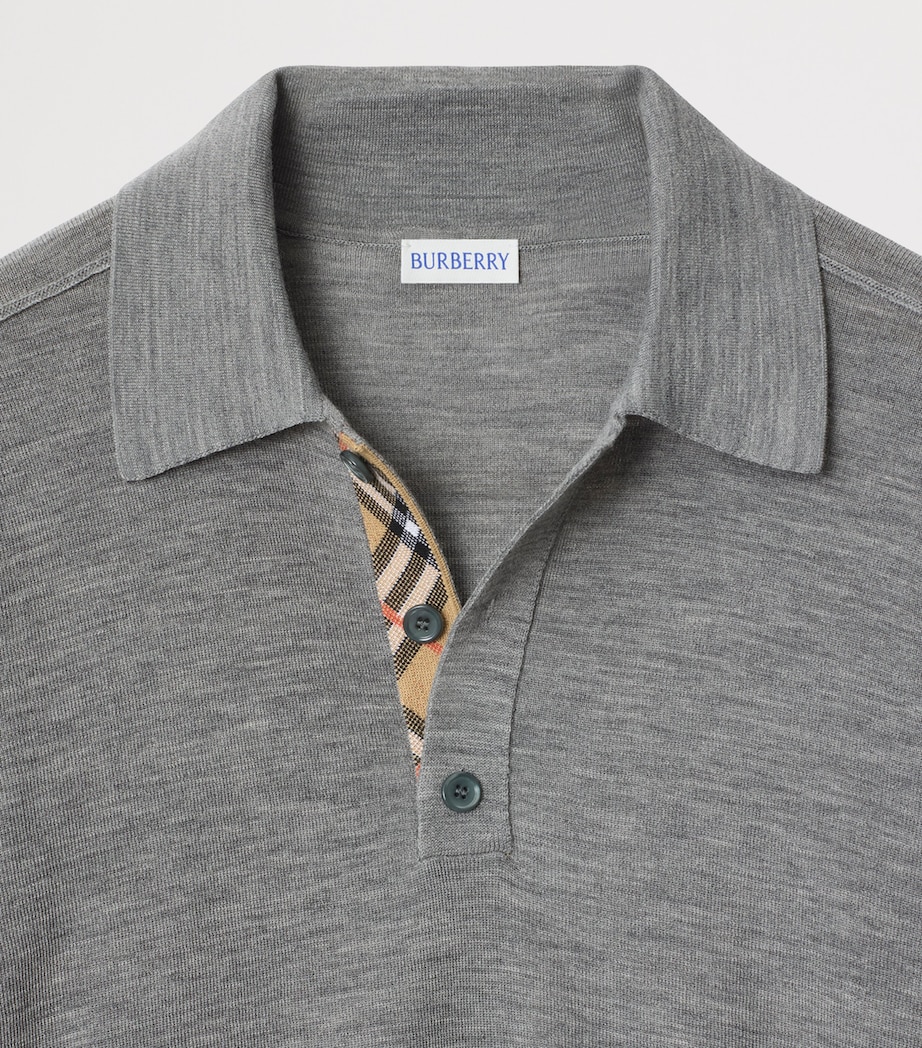Wool Check-Detail Long-Sleeve Polo Shirt GREY Image 5