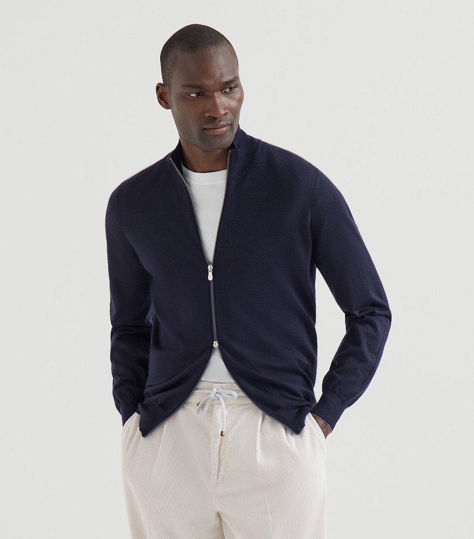 Brunello Cucinelli Mens Cashmere-Silk Zip-Up Cardigan Image 3