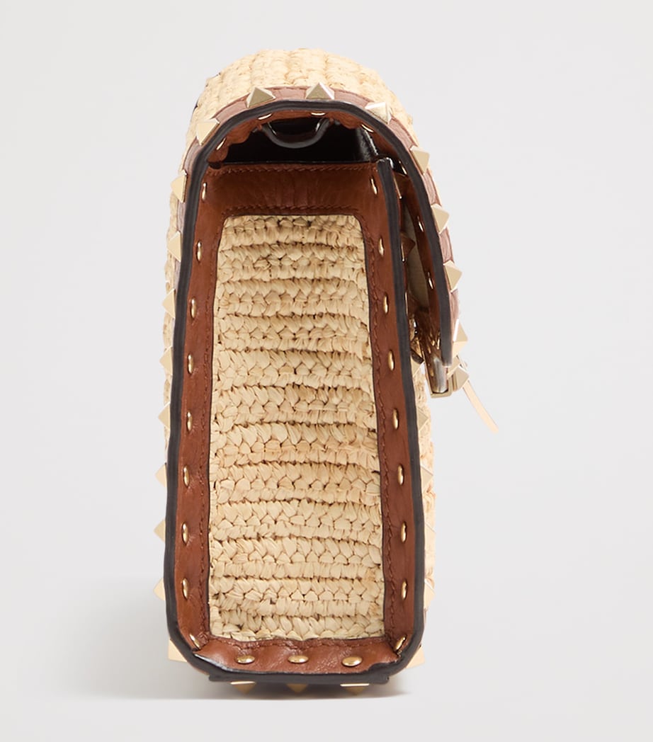 Valentino Garavani Small Leather-Raffia Rockstud Shoulder Bag Image 4
