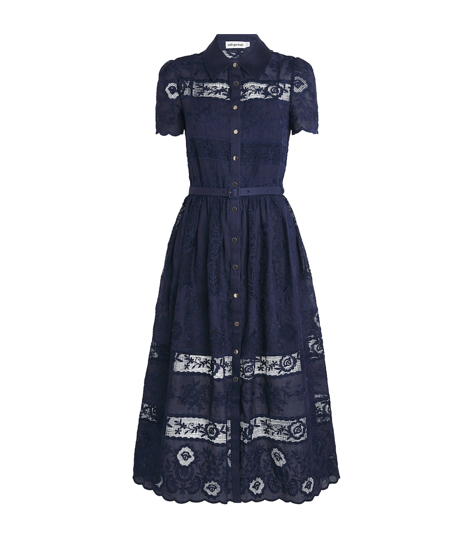 Self-Portrait Womens Ramie Embroidered Midi Shirt Dress Navy Image 1