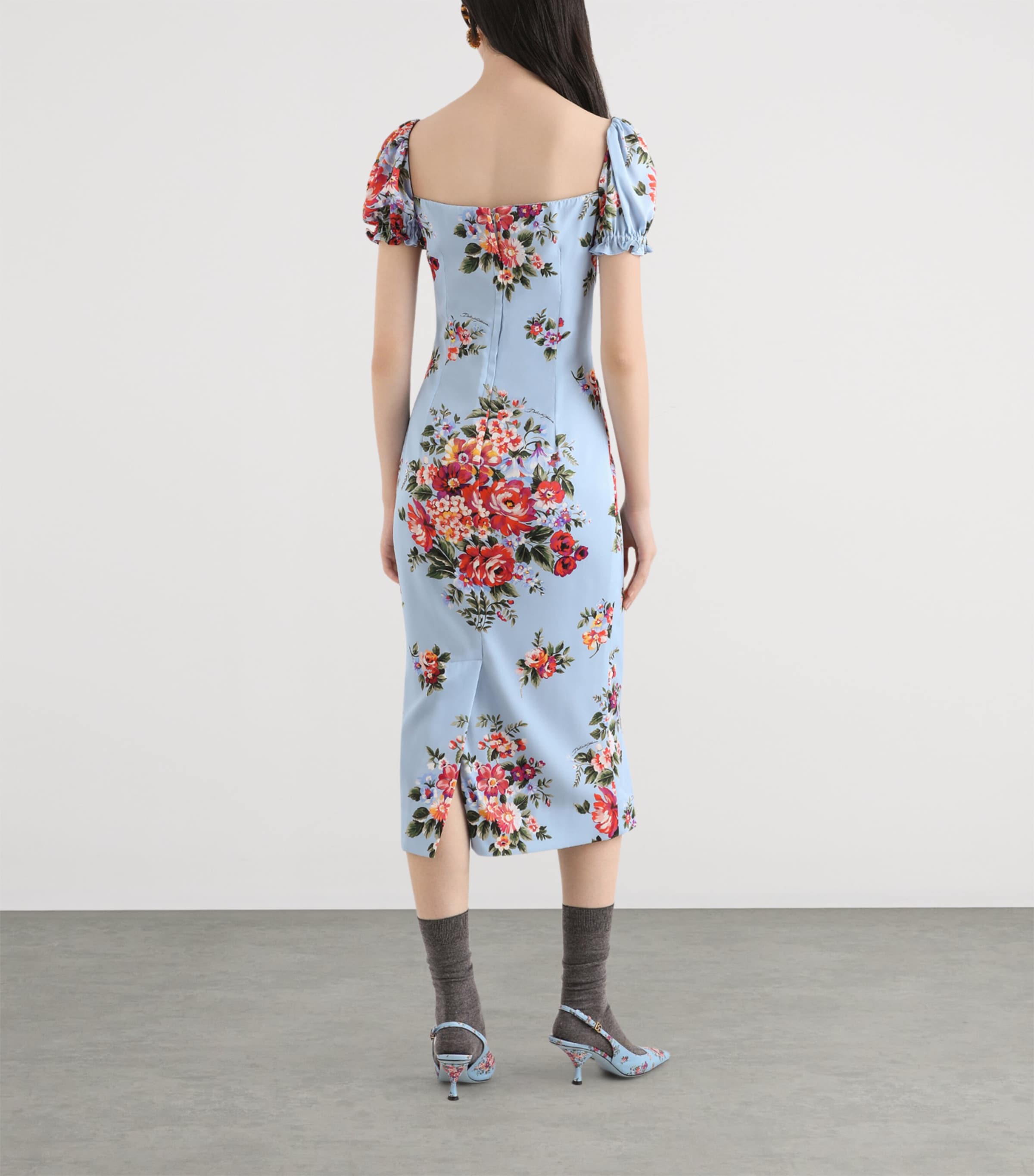 Dolce&Gabbana Womens Silk-Blend Bouquet Print Midi Dress Mazz Image 3
