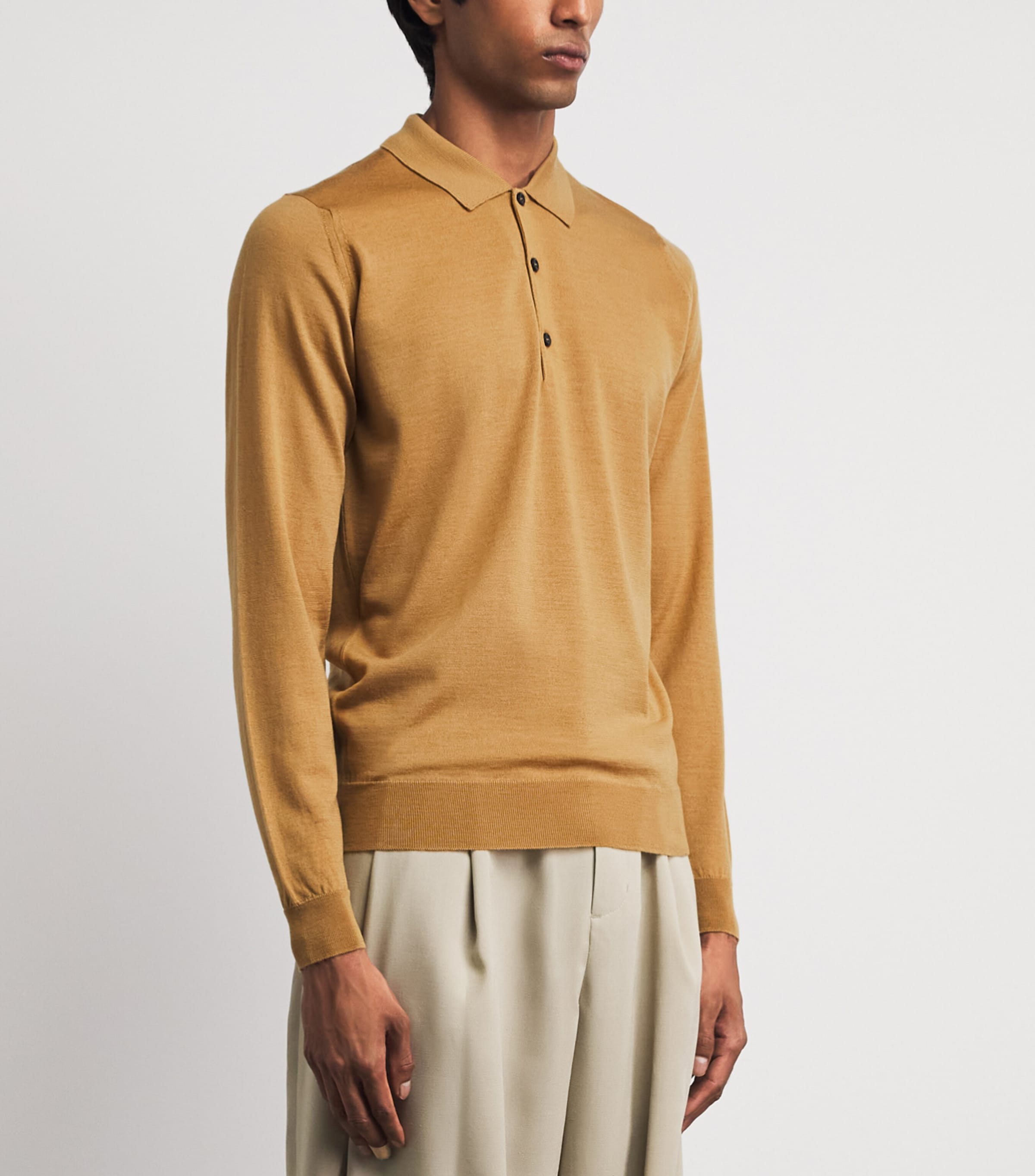 John Smedley Mens Merino Wool Long-Sleeve Polo Shirt Yellow Lustre Image 4