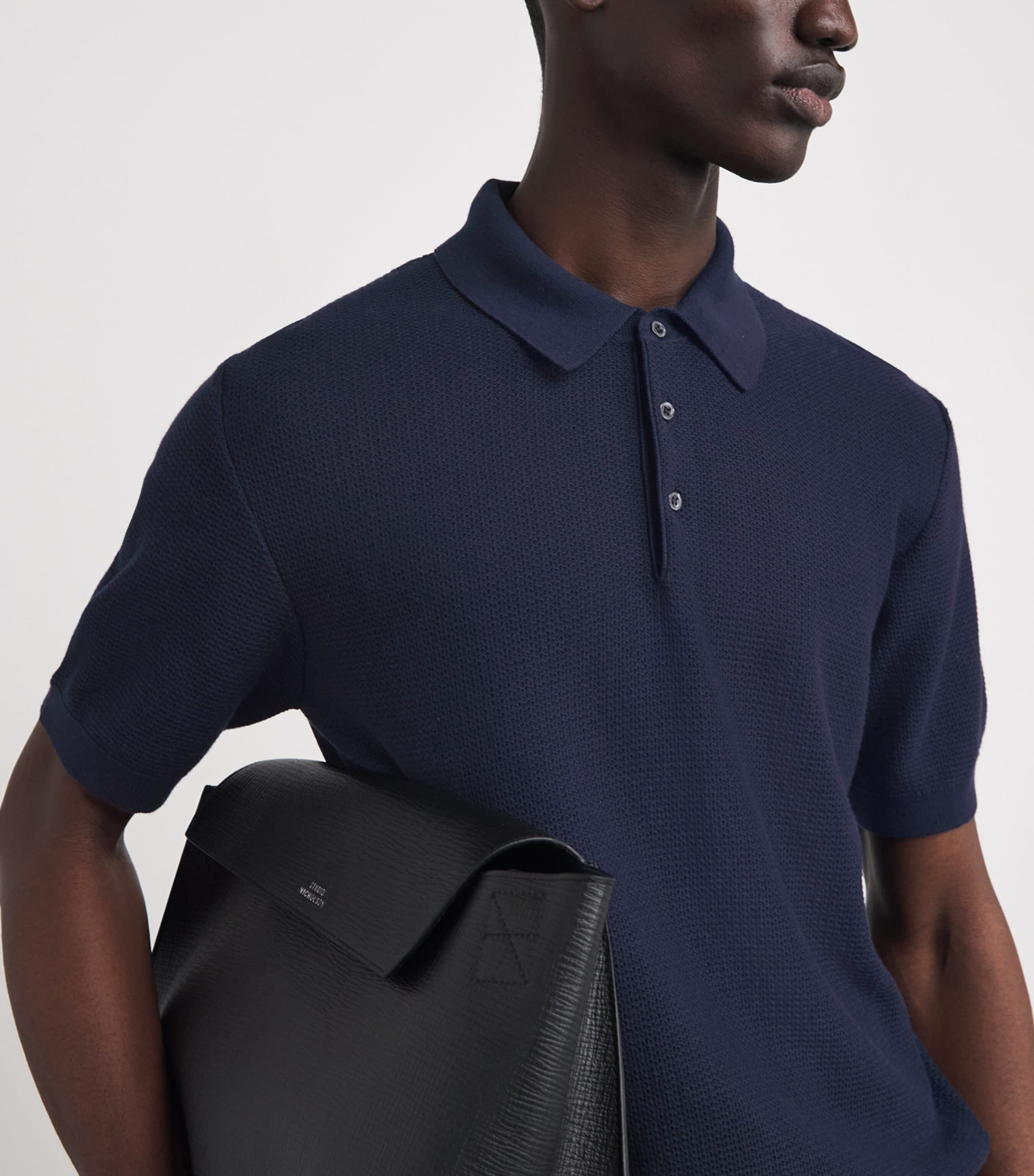 Corneliani Mens Pima Cotton Basketweave Polo Shirt Navy Blue Image 3