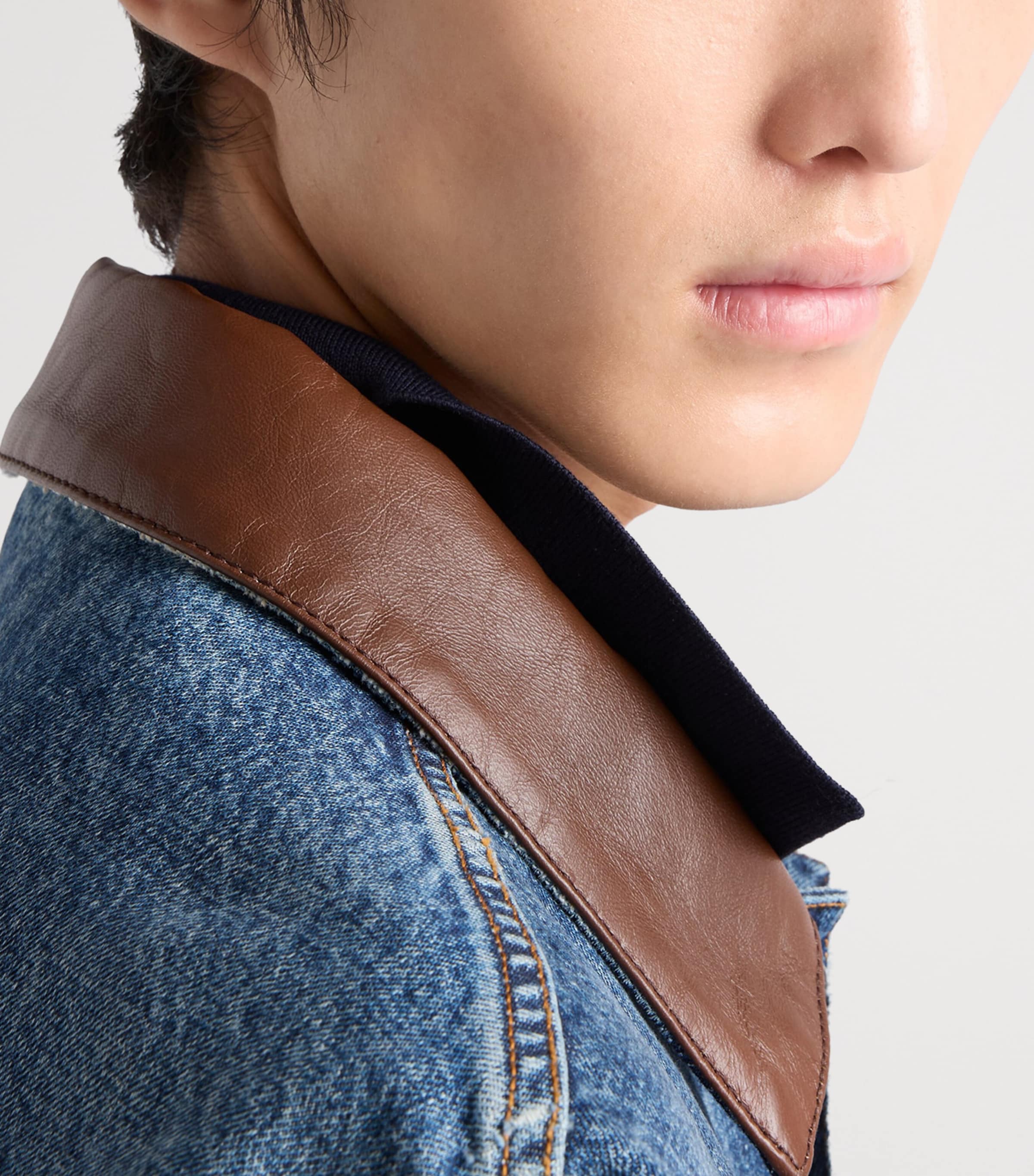 Prada Mens Leather-Collar Denim Jacket Blue Image 6