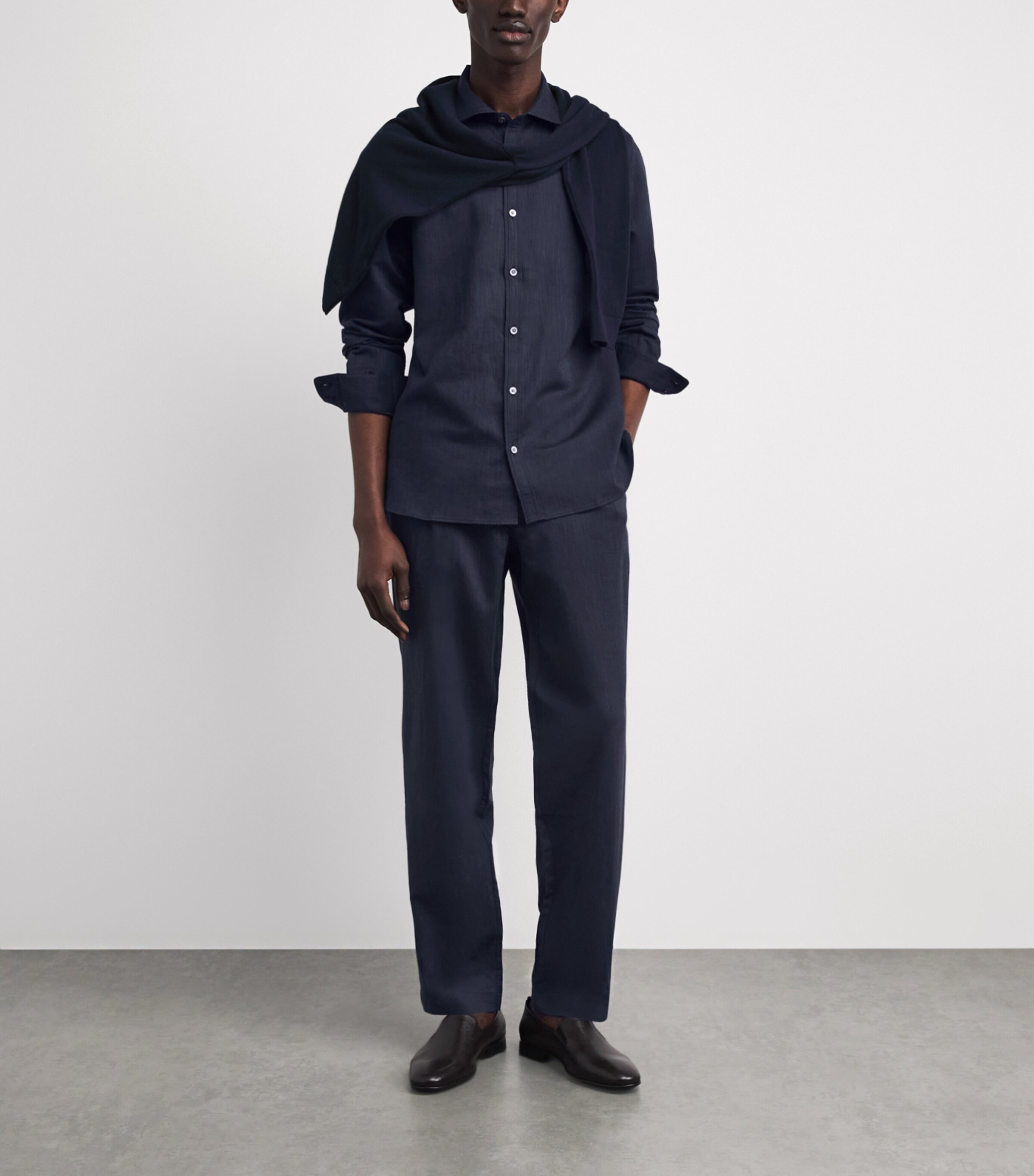 Zimmerli Mens Linen-Cotton Drawstring Trousers Navy Image 2